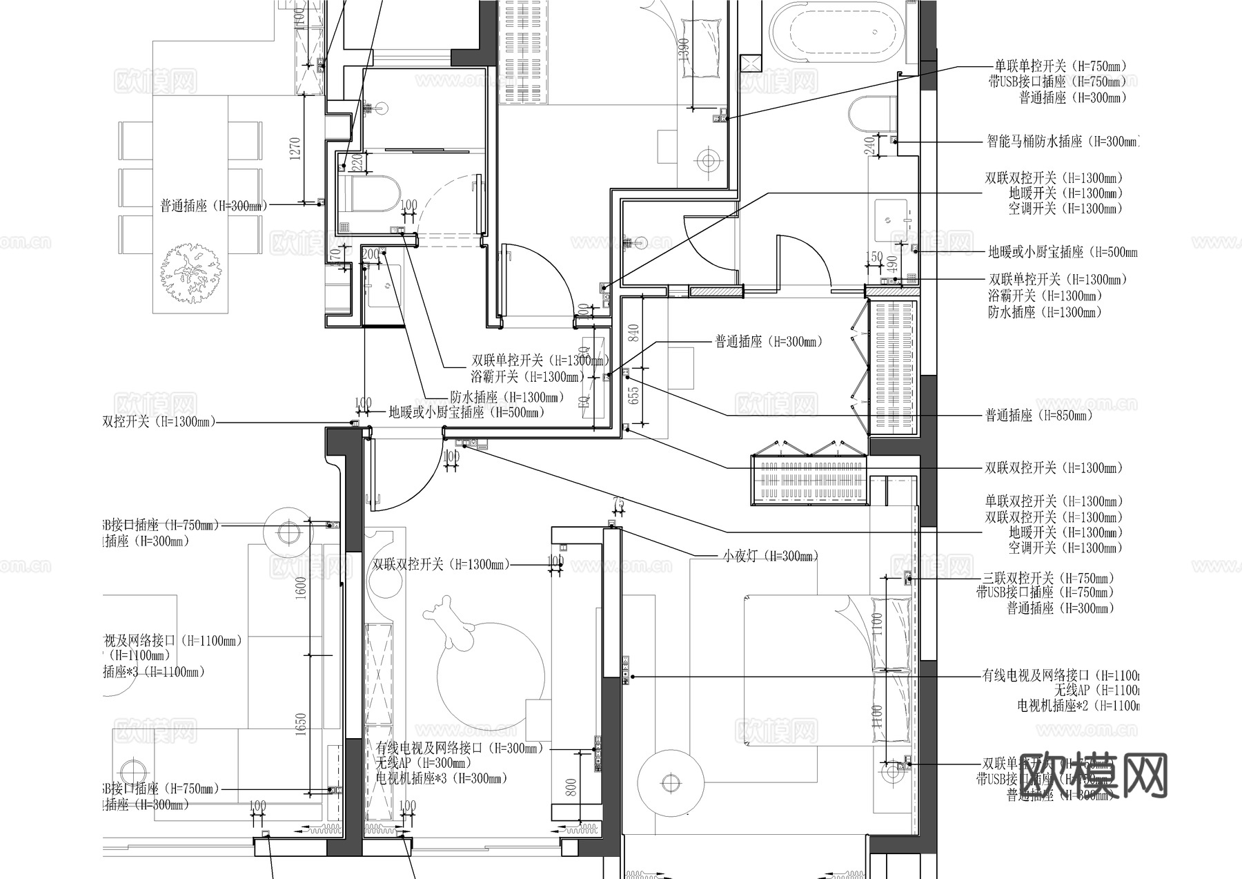 150㎡四居室大平层全套施工图   CAD家装施工图   样cad施工图