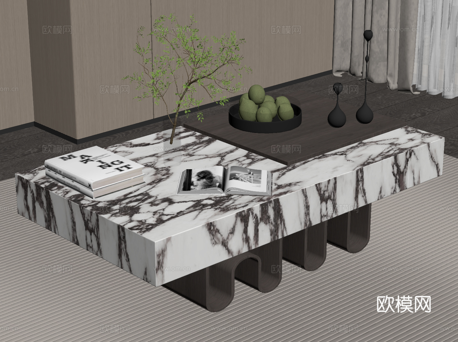 现代意式茶几 方形茶几 大理石茶几su模型