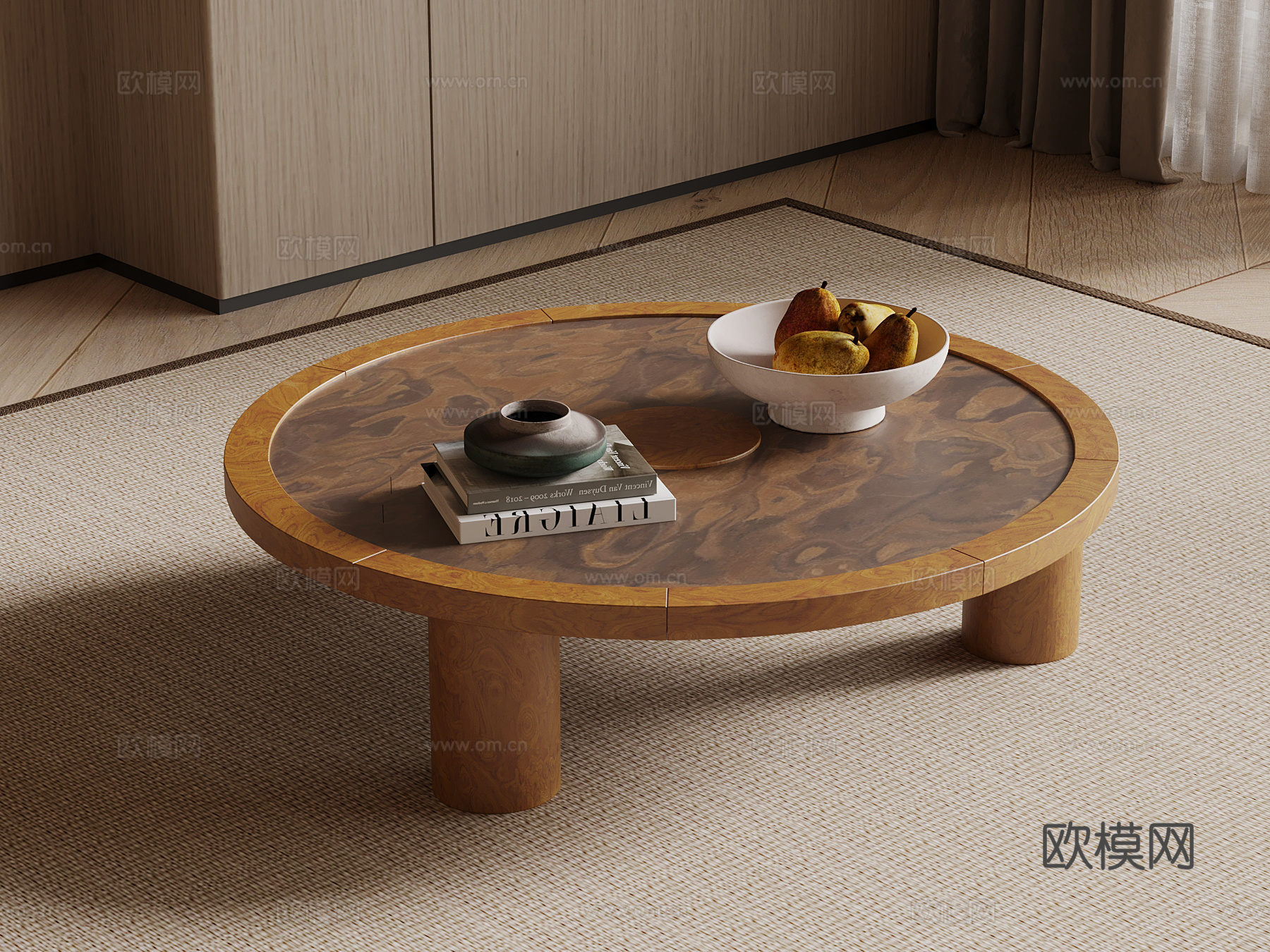 中古风茶几 实木圆形茶几su模型