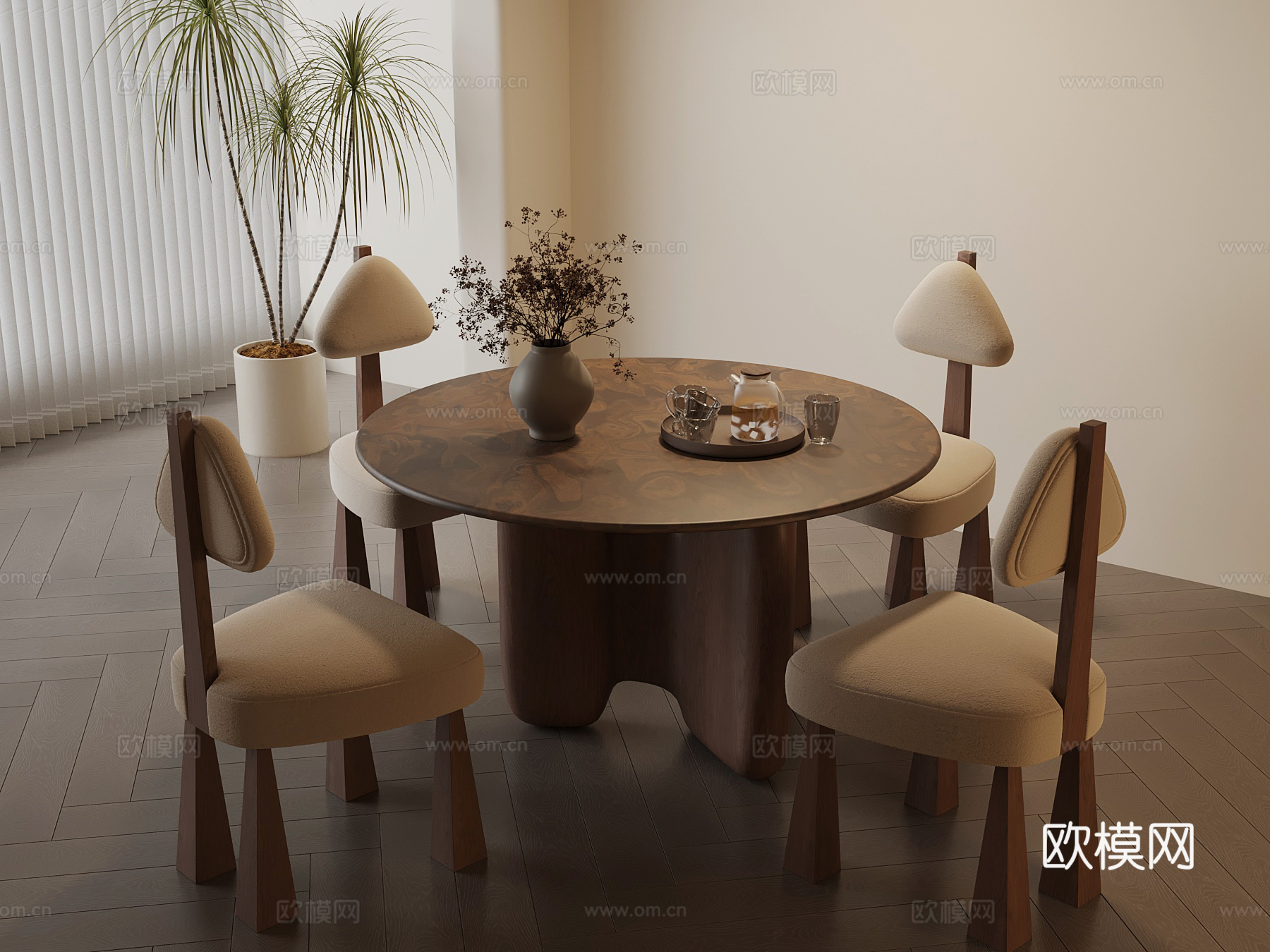 中古风餐桌椅 圆桌su模型
