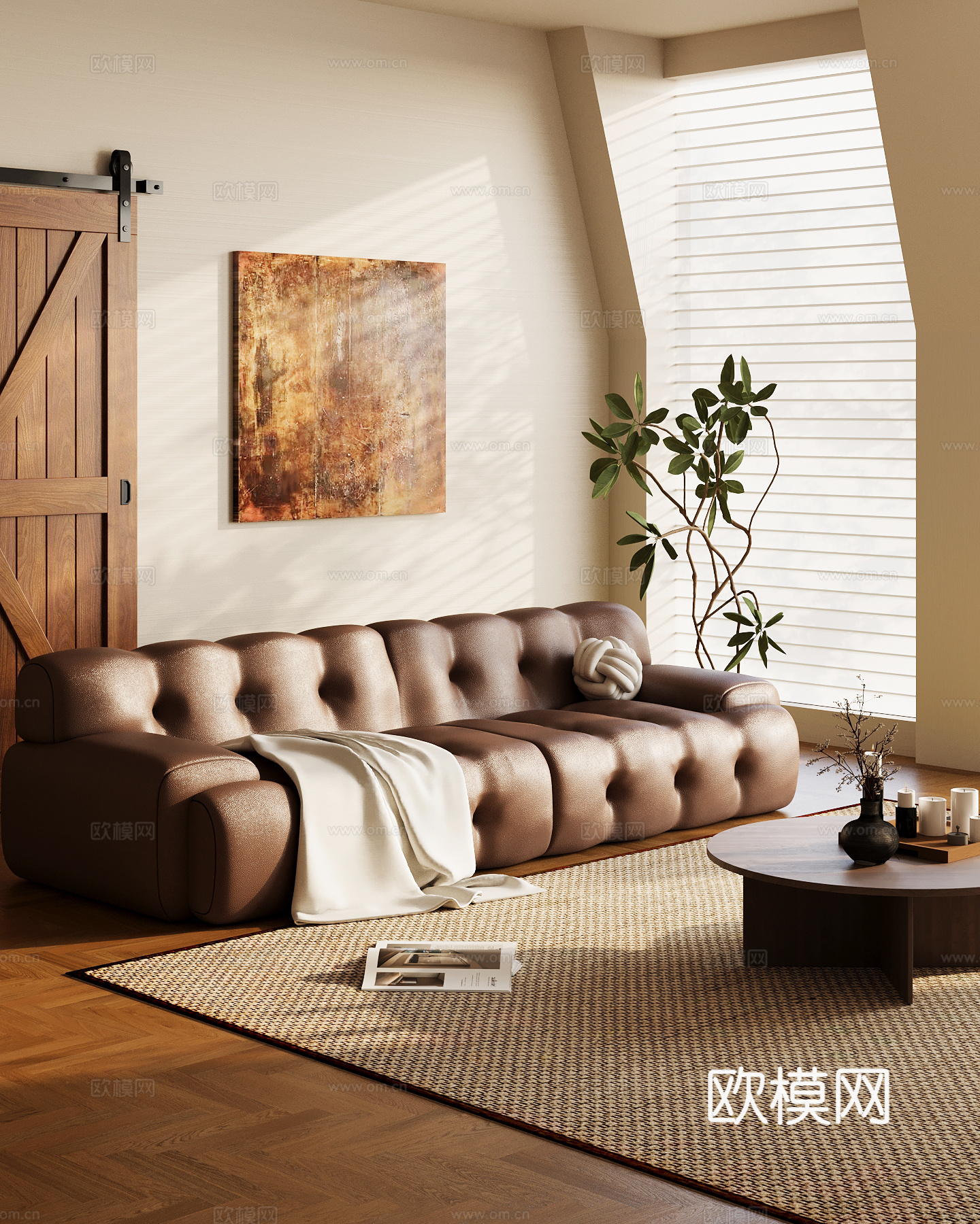 现代多人沙发 皮革休闲沙发su模型