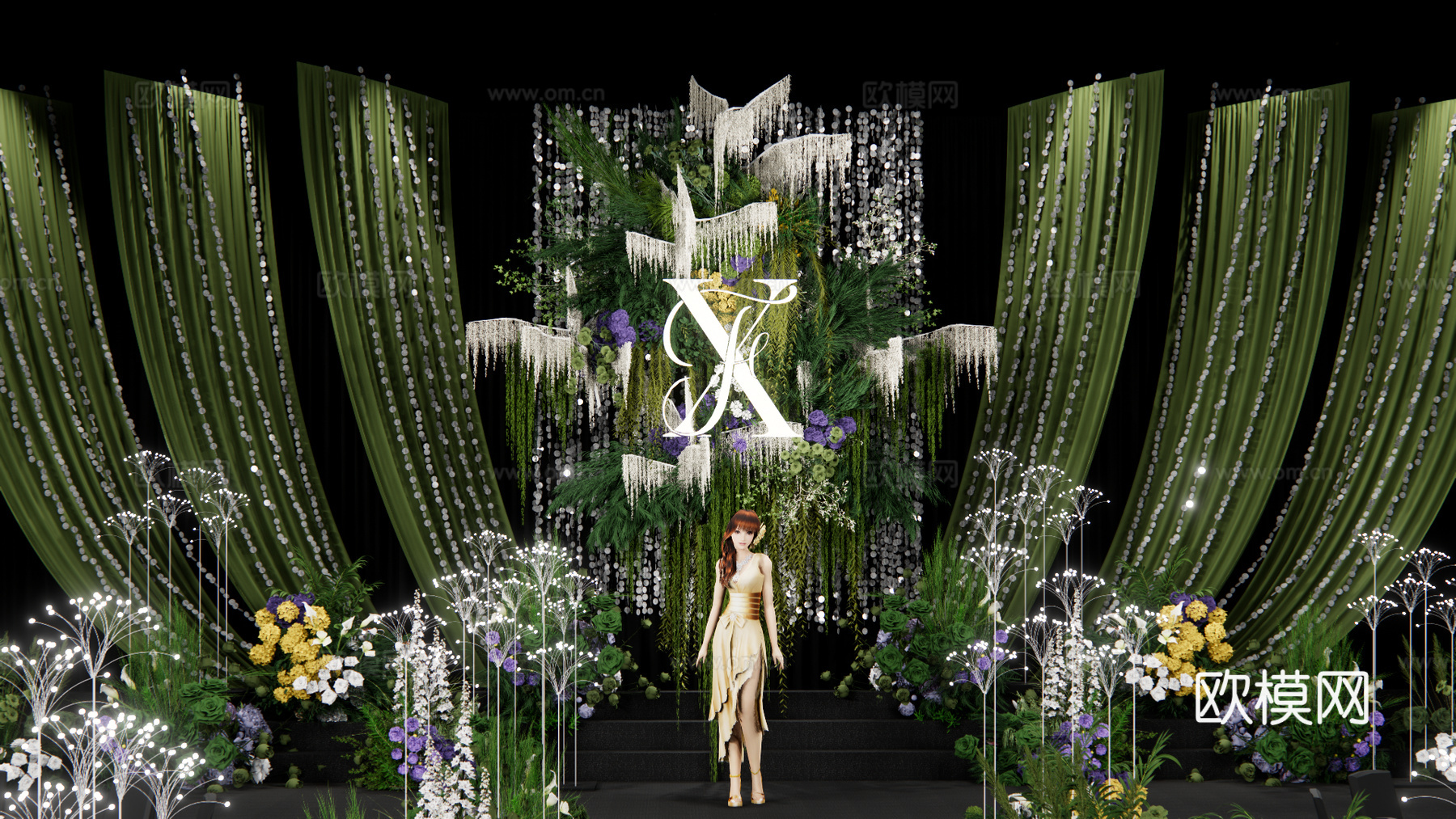 墨绿色布幔婚礼花艺美陈su模型