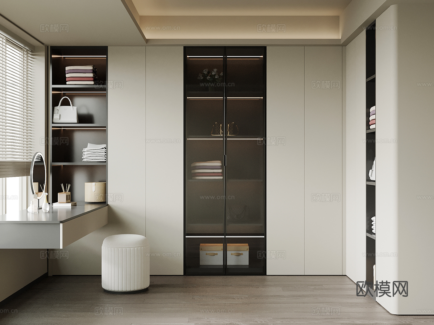 现代衣帽间 L型衣柜 梳妆台su模型