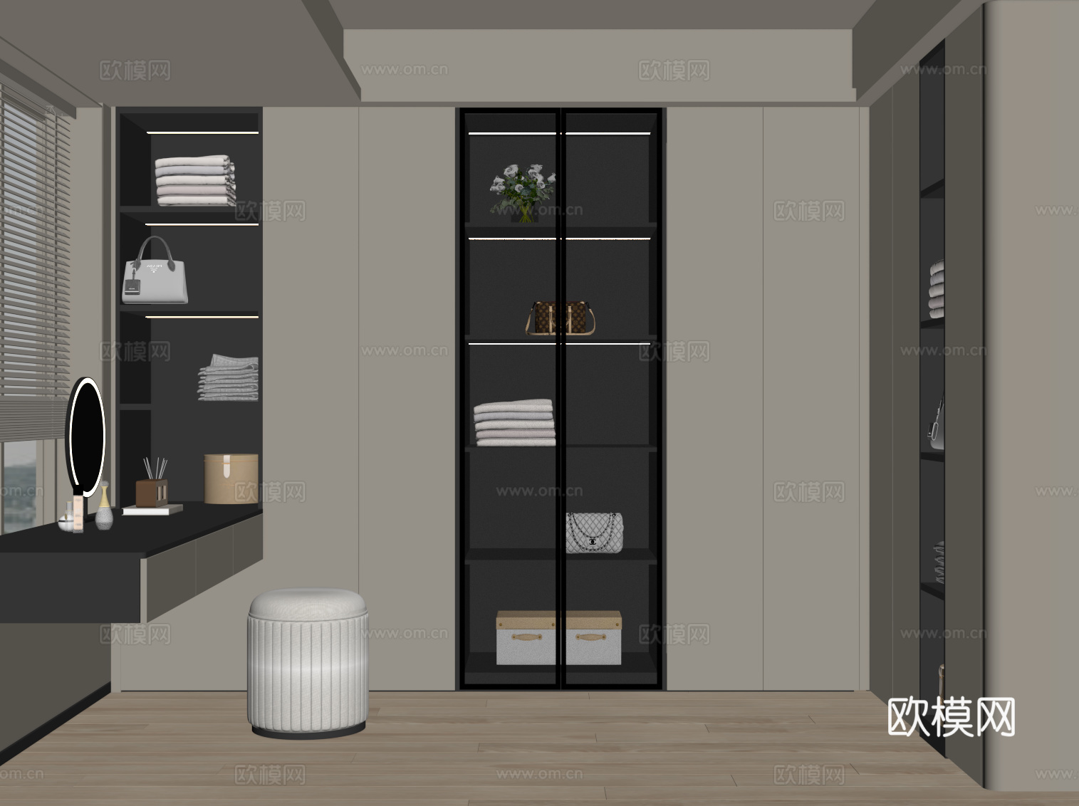 现代衣帽间 L型衣柜 梳妆台su模型