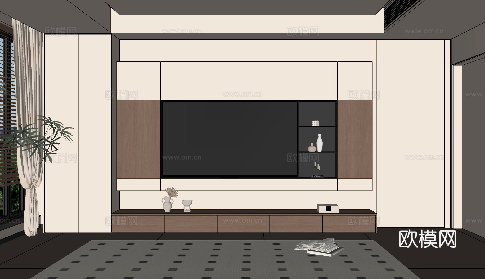 现代奶油中古风客厅电视背景墙 电视背景墙阳台柜 隐形门电视墙su模型