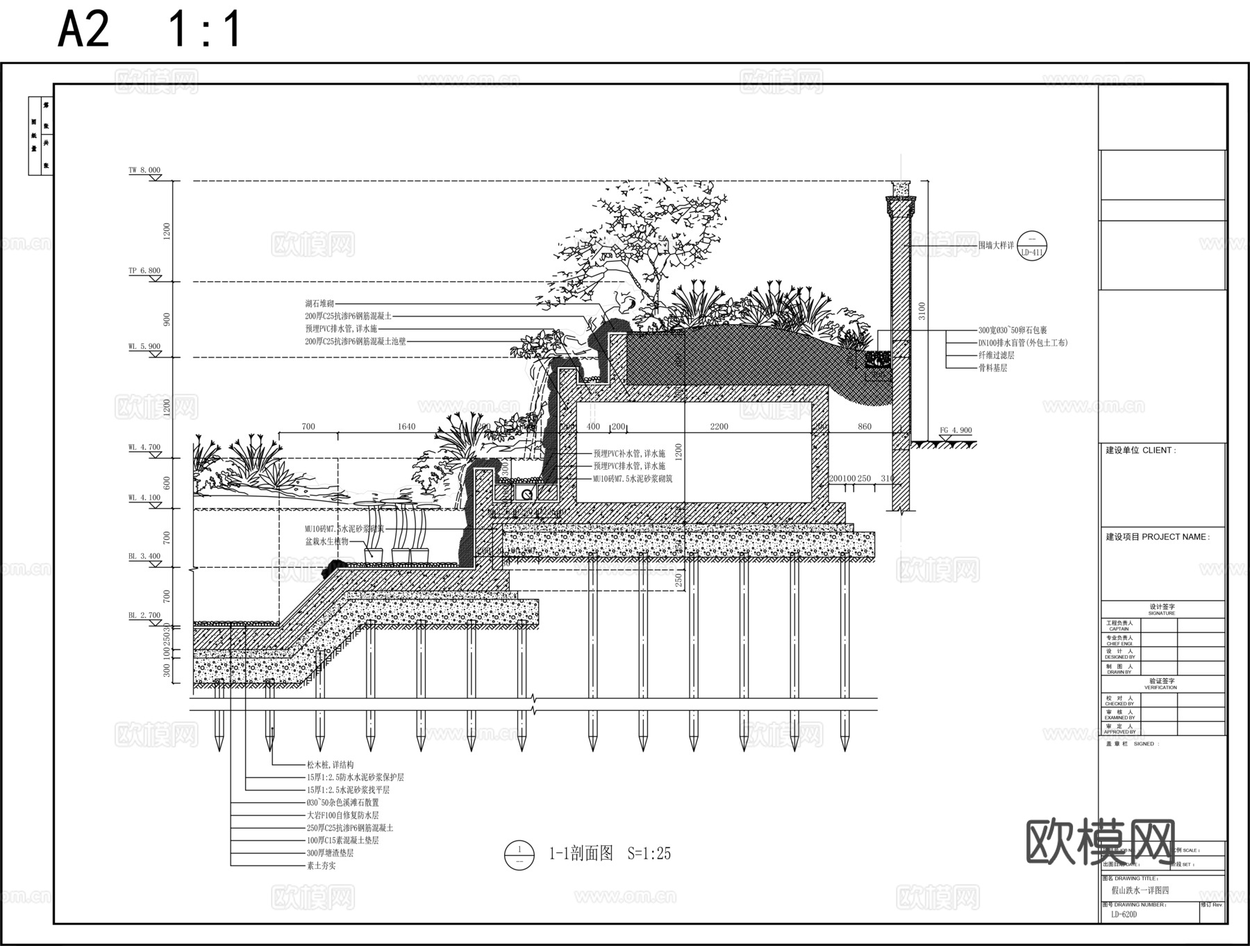 景观假山置石跌水cad施工图