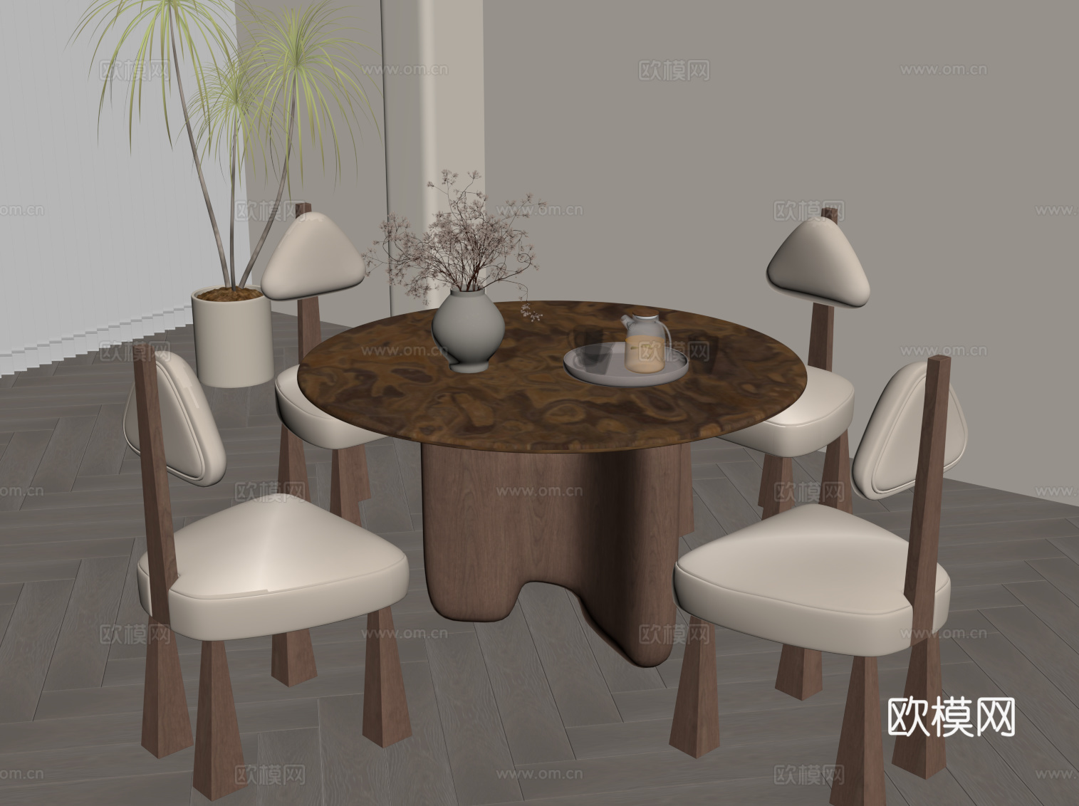 中古风餐桌椅 圆桌su模型