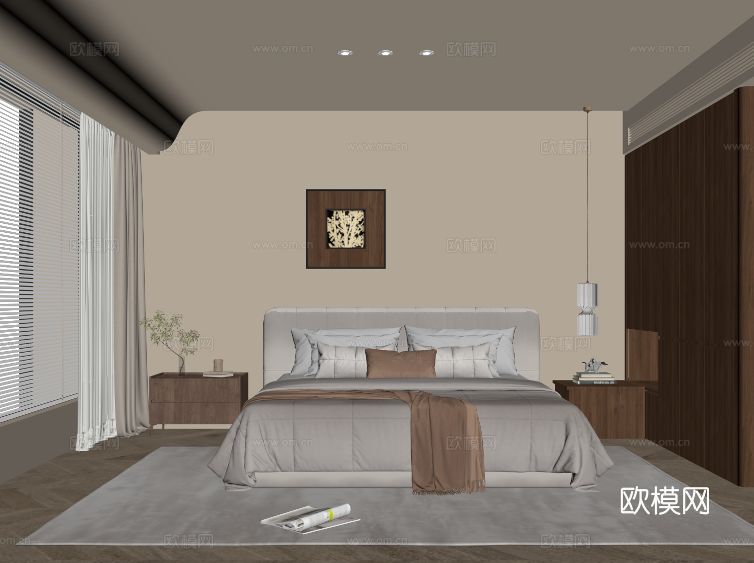 中古风卧室 衣柜 双人床su模型