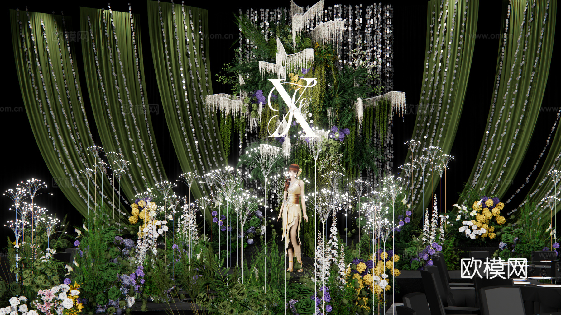 墨绿色布幔婚礼花艺美陈su模型