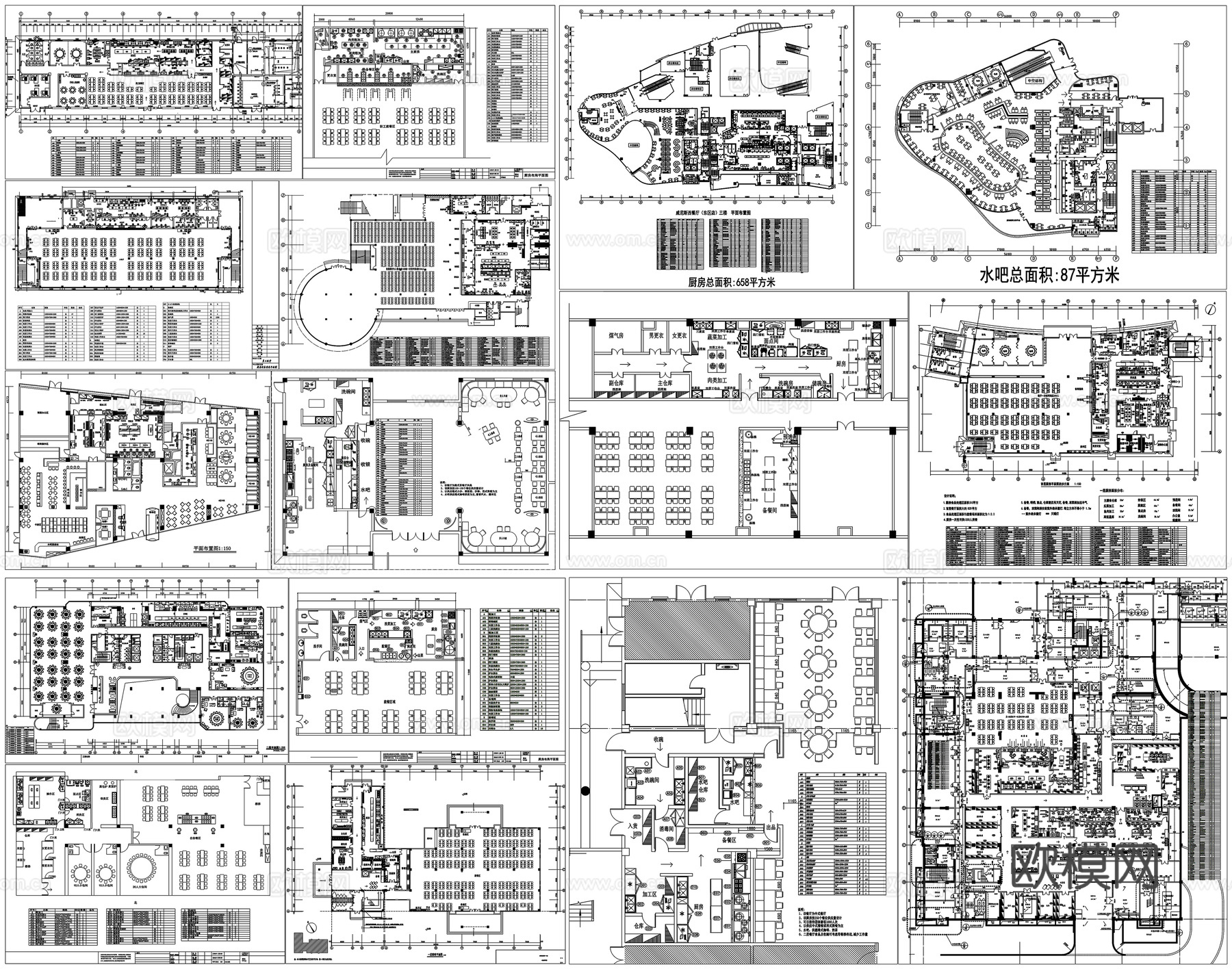 厨房后厨餐厅平面布局餐饮设备定位图CAD素材图库cad施工图