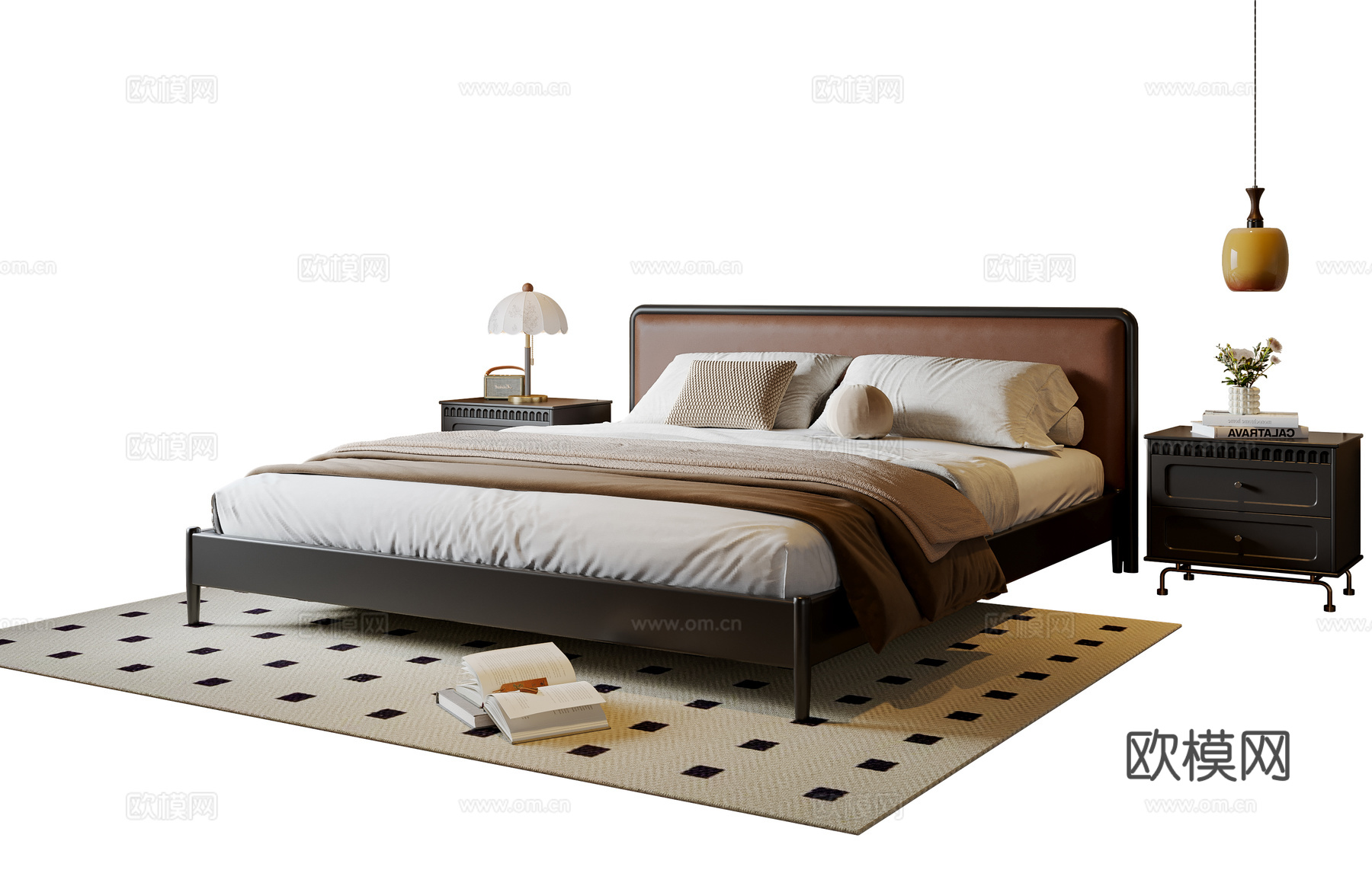 法式双人床 实木双人床 床头柜 吊灯 地毯su模型