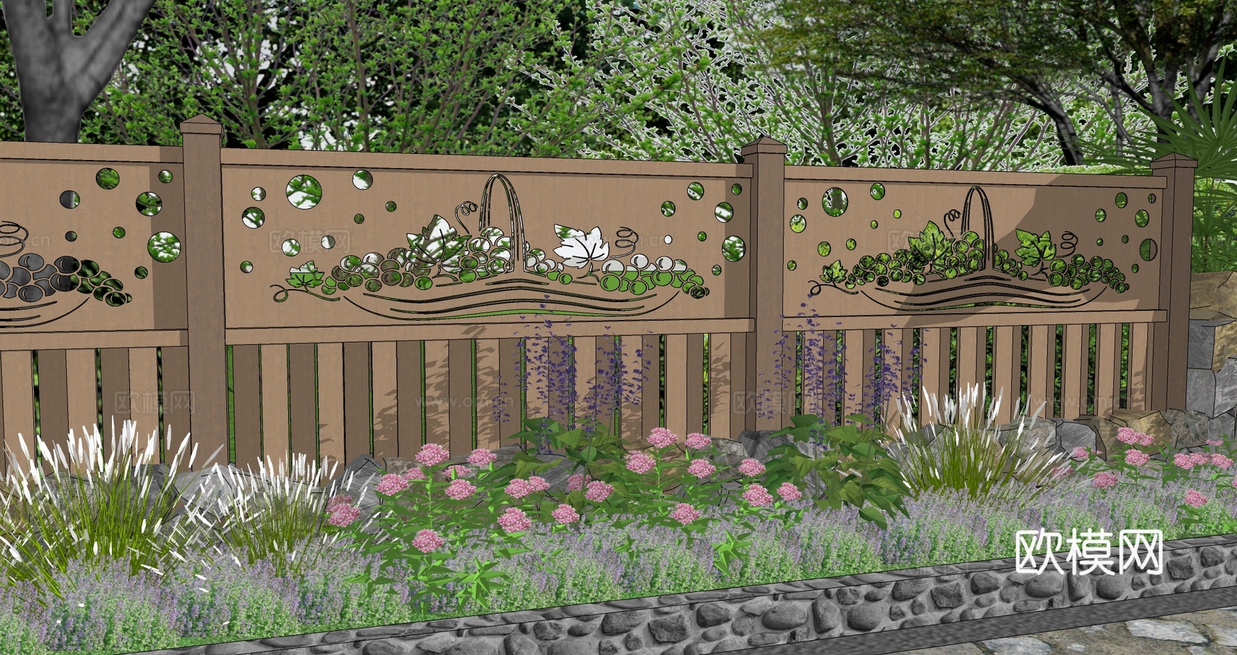 现代生态户外蔬果田园木质葡萄栏杆柑橘围栏护栏彩色水果创意栅栏su模型
