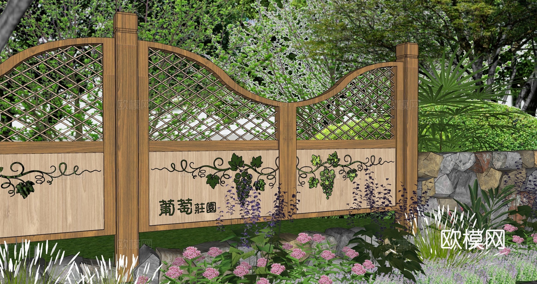 现代生态户外蔬果田园木质葡萄栏杆柑橘围栏护栏彩色水果创意栅栏su模型