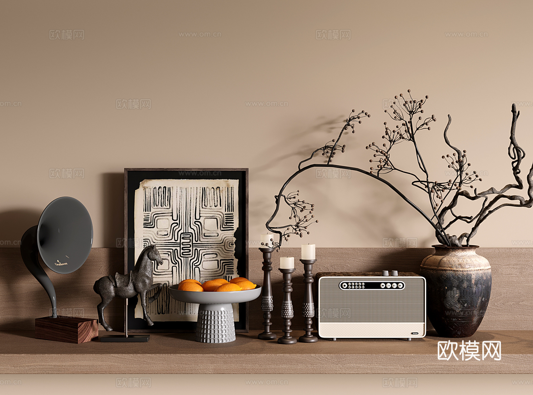 中古侘寂饰品摆件 干支花艺 烛台 水果盘 装饰画su模型