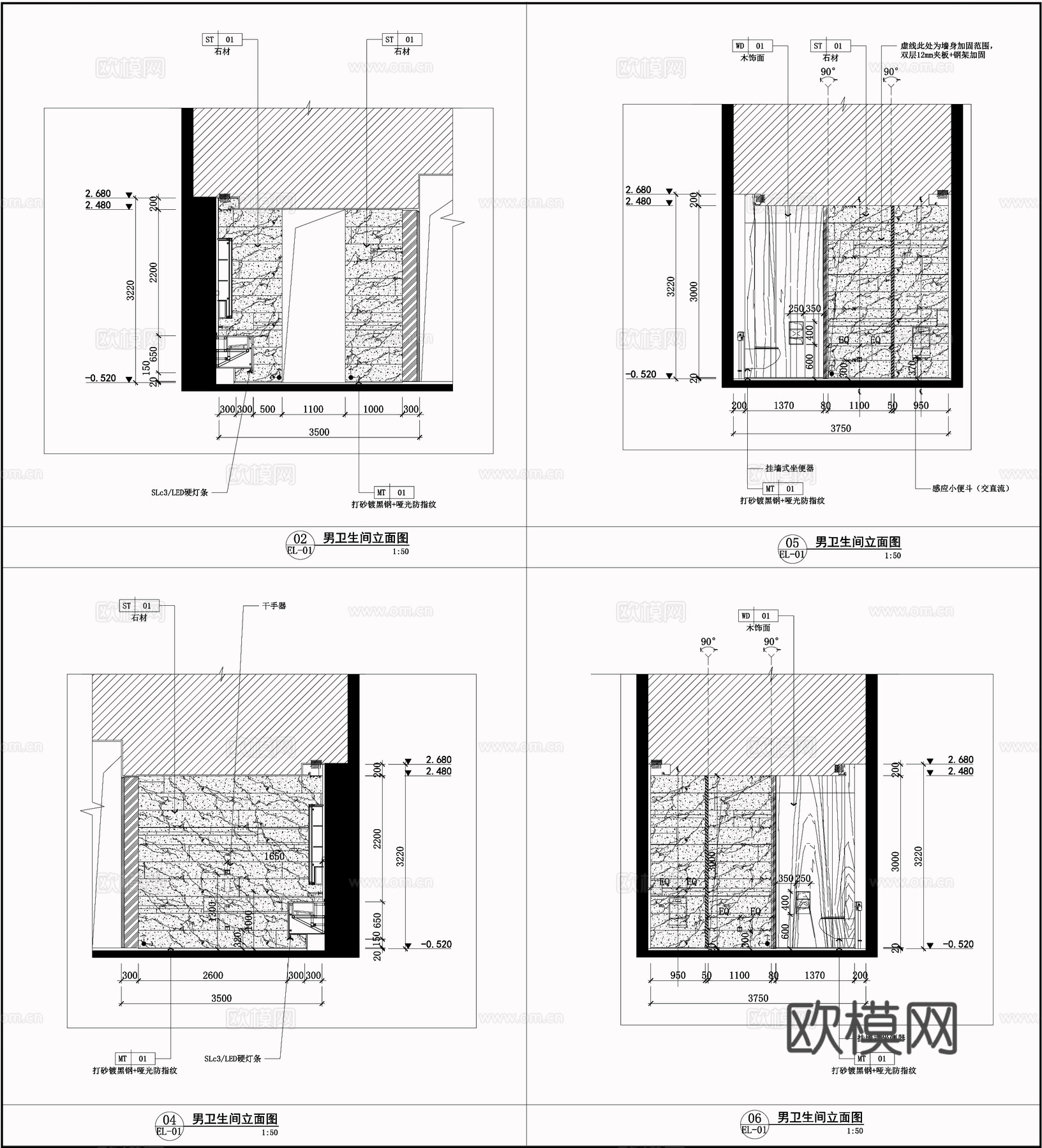 公共场所男卫生间  卫生间墙面节点  卫生间平面立面图cad施工图