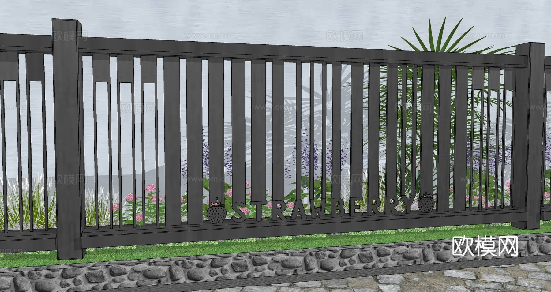 现代生态户外蔬果田园木质葡萄栏杆柑橘围栏护栏彩色水果创意栅栏su模型