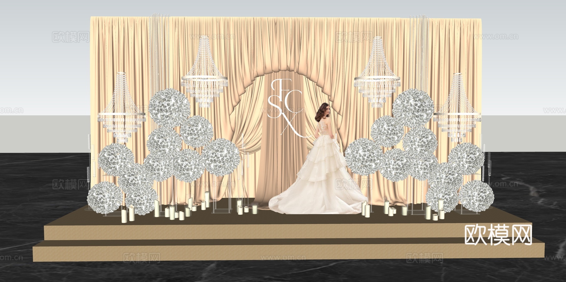 小众香槟色布幔造型婚礼美陈花艺su模型