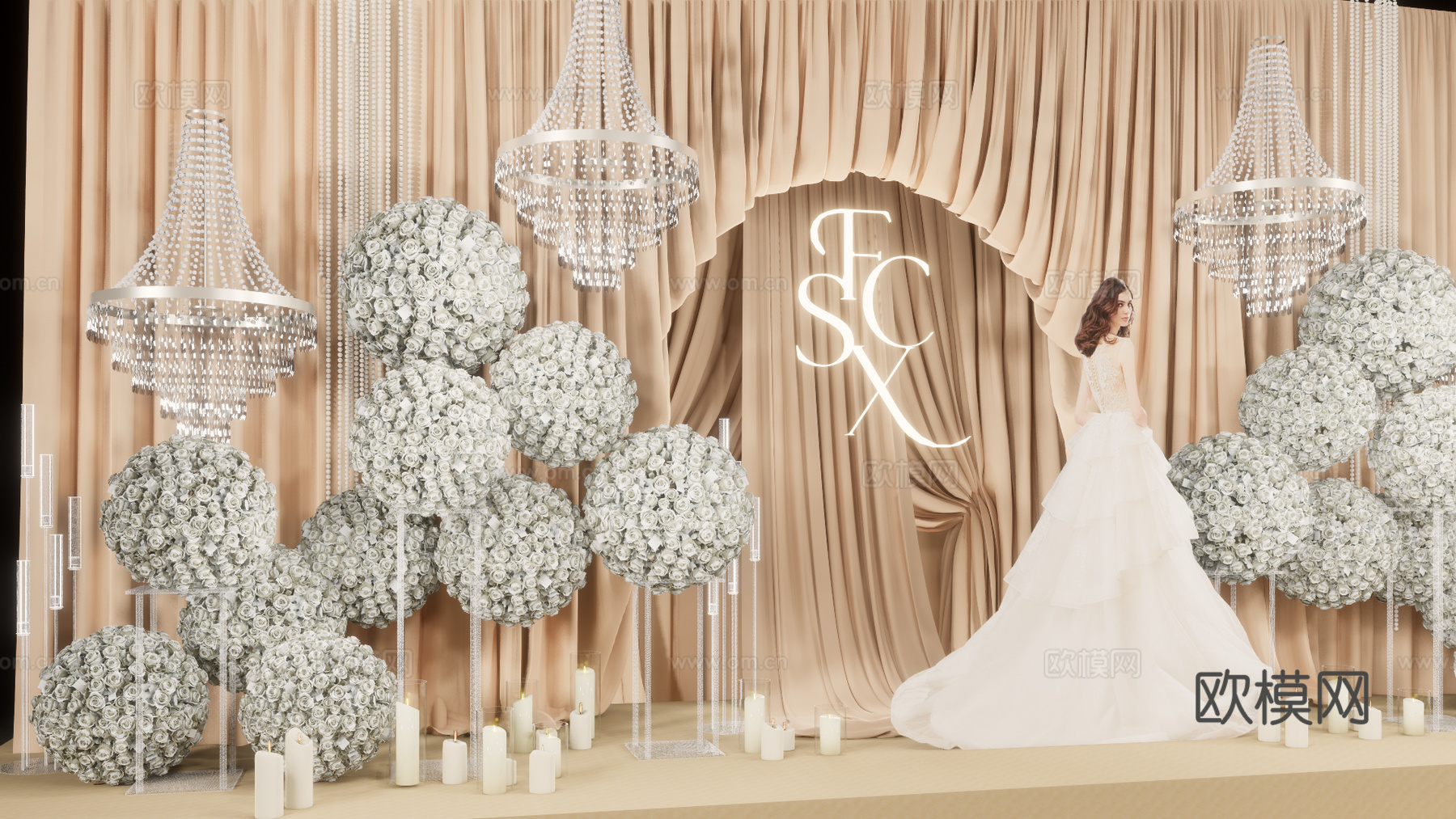 小众香槟色布幔造型婚礼美陈花艺su模型