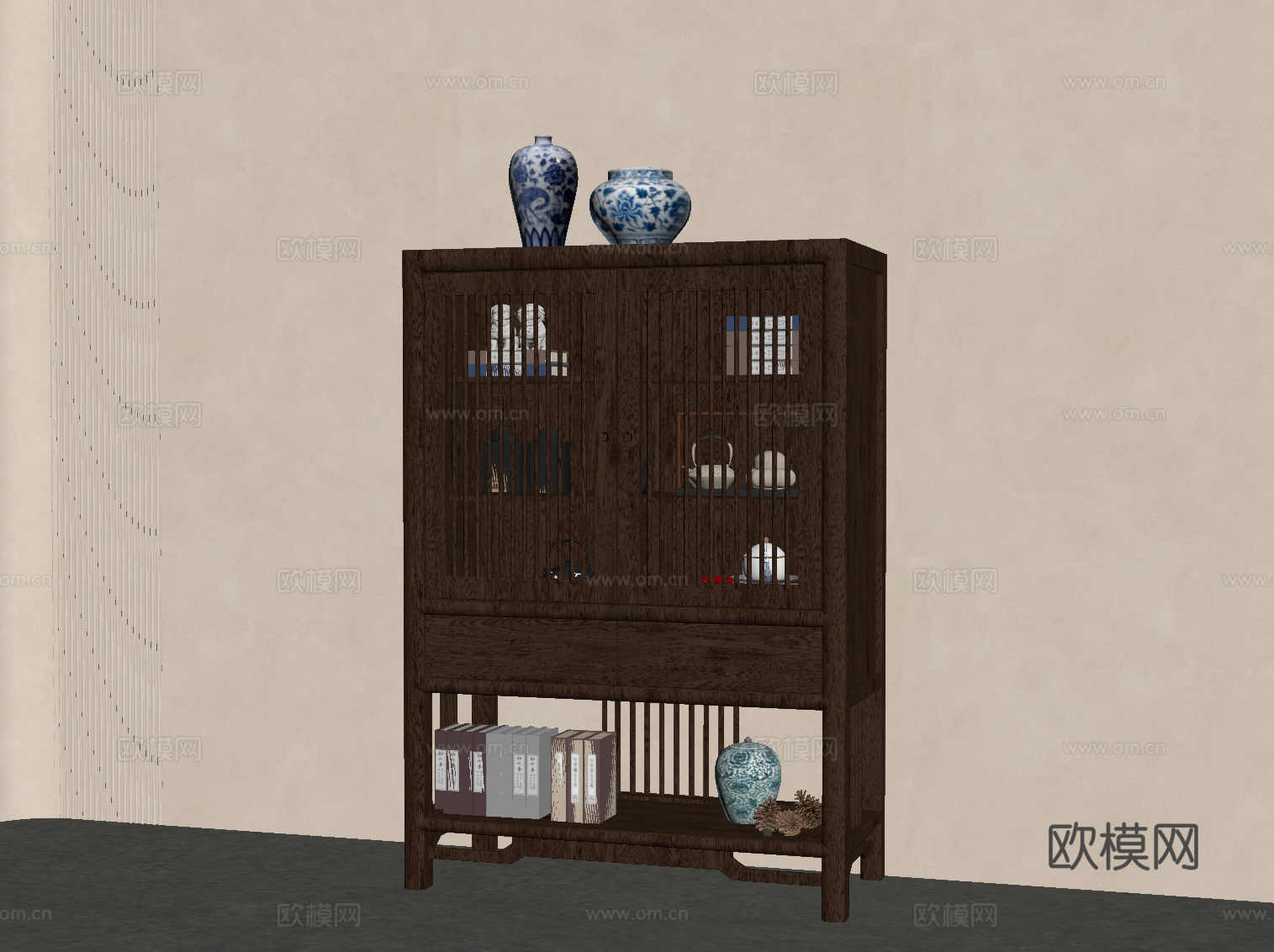 新中式博古架 置物柜su模型