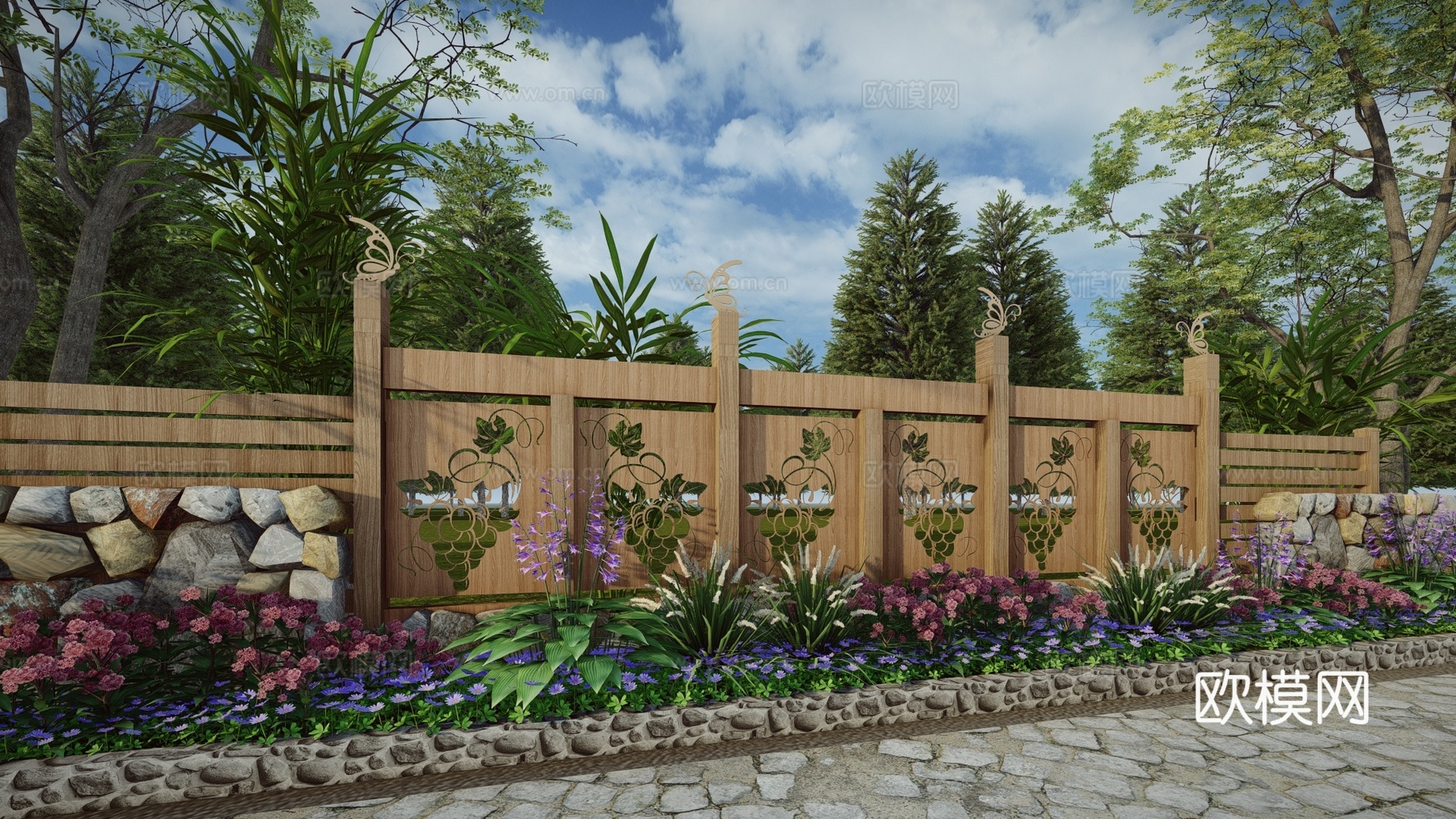 现代生态户外蔬果田园木质葡萄栏杆柑橘围栏护栏彩色水果创意栅栏su模型