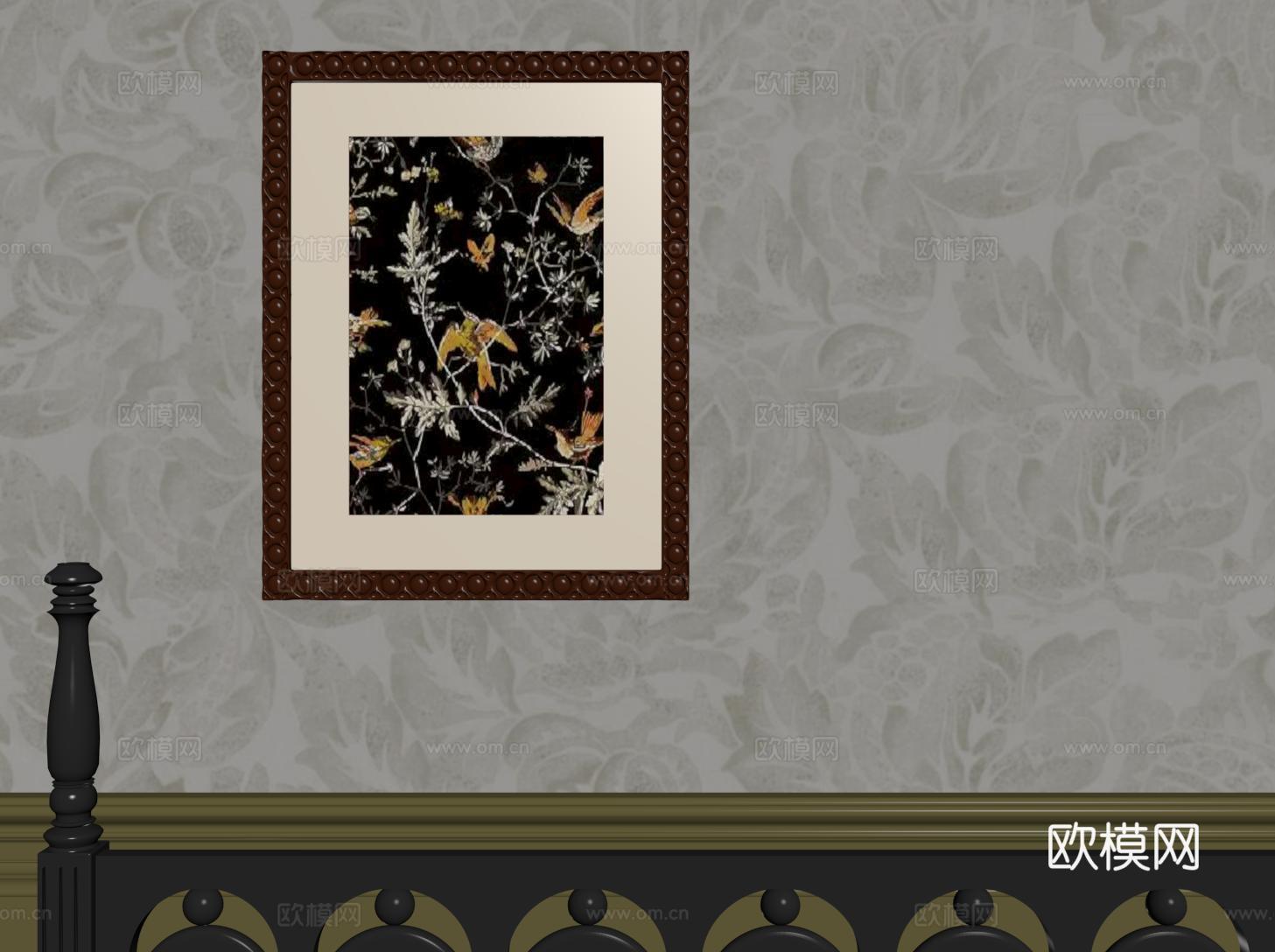 法式复古装饰画 挂画 植物画 动物画 实木相框su模型