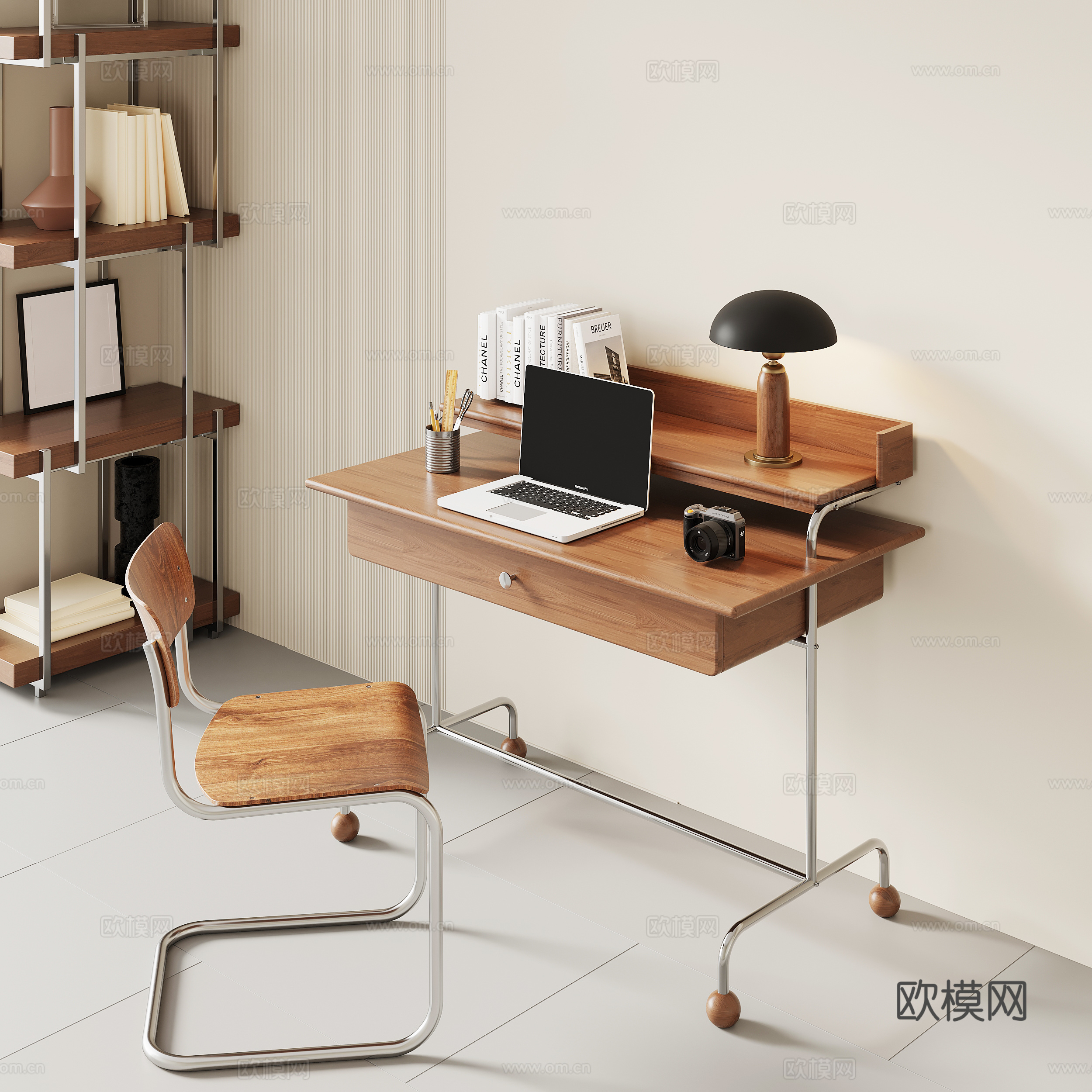 现代中古书桌椅su模型