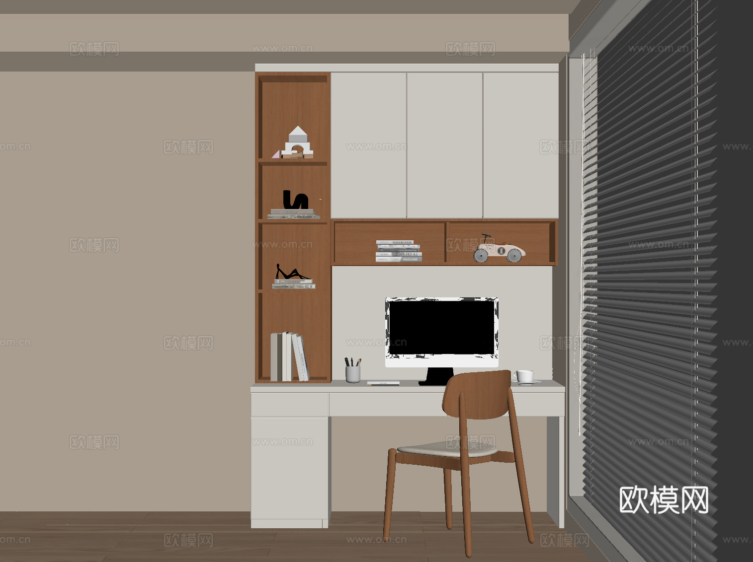 现代书桌椅 书柜su模型