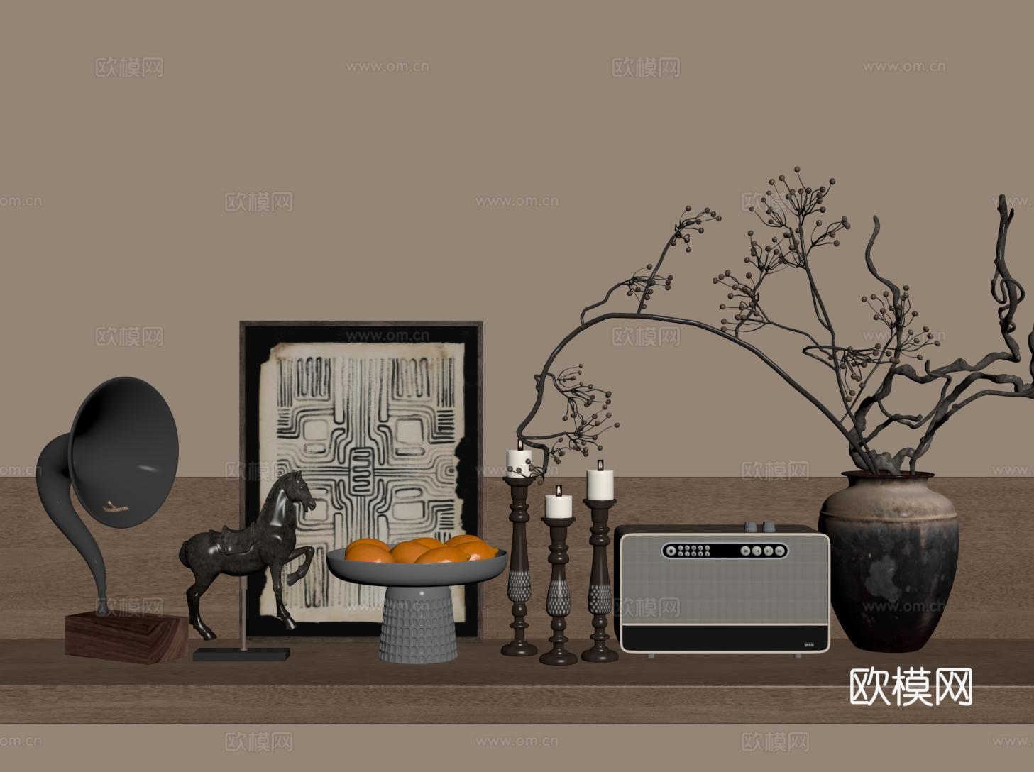 中古侘寂饰品摆件 干支花艺 烛台 水果盘 装饰画su模型