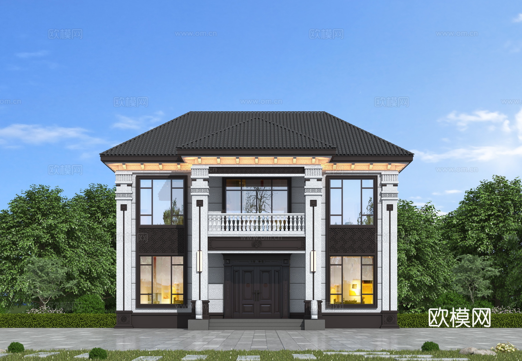 新中式独栋别墅 自建房别墅su模型