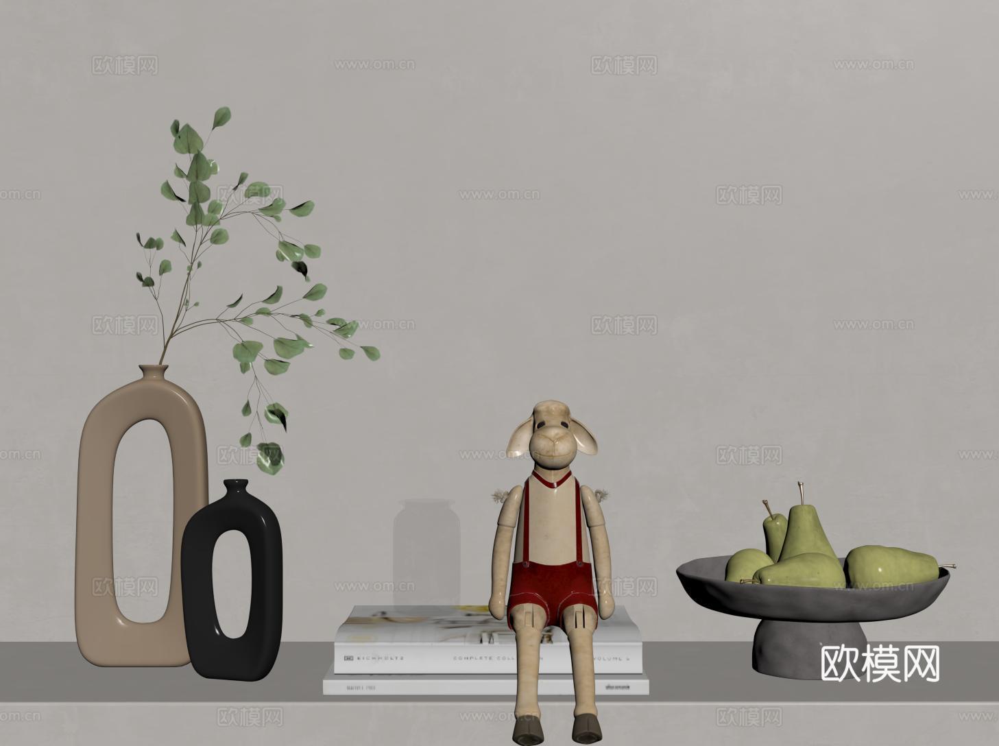 现代奶油风饰品摆件 花艺 水果盘 小羊玩偶su模型