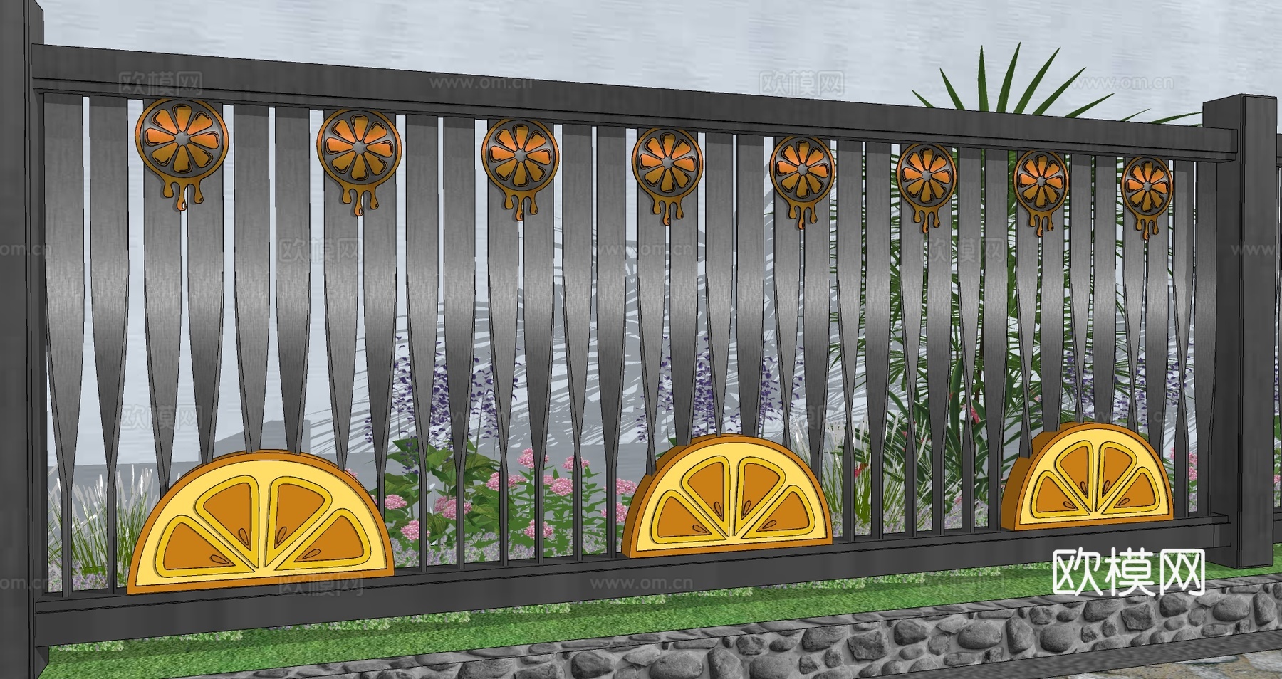现代生态户外蔬果田园木质葡萄栏杆柑橘围栏护栏彩色水果创意栅栏su模型