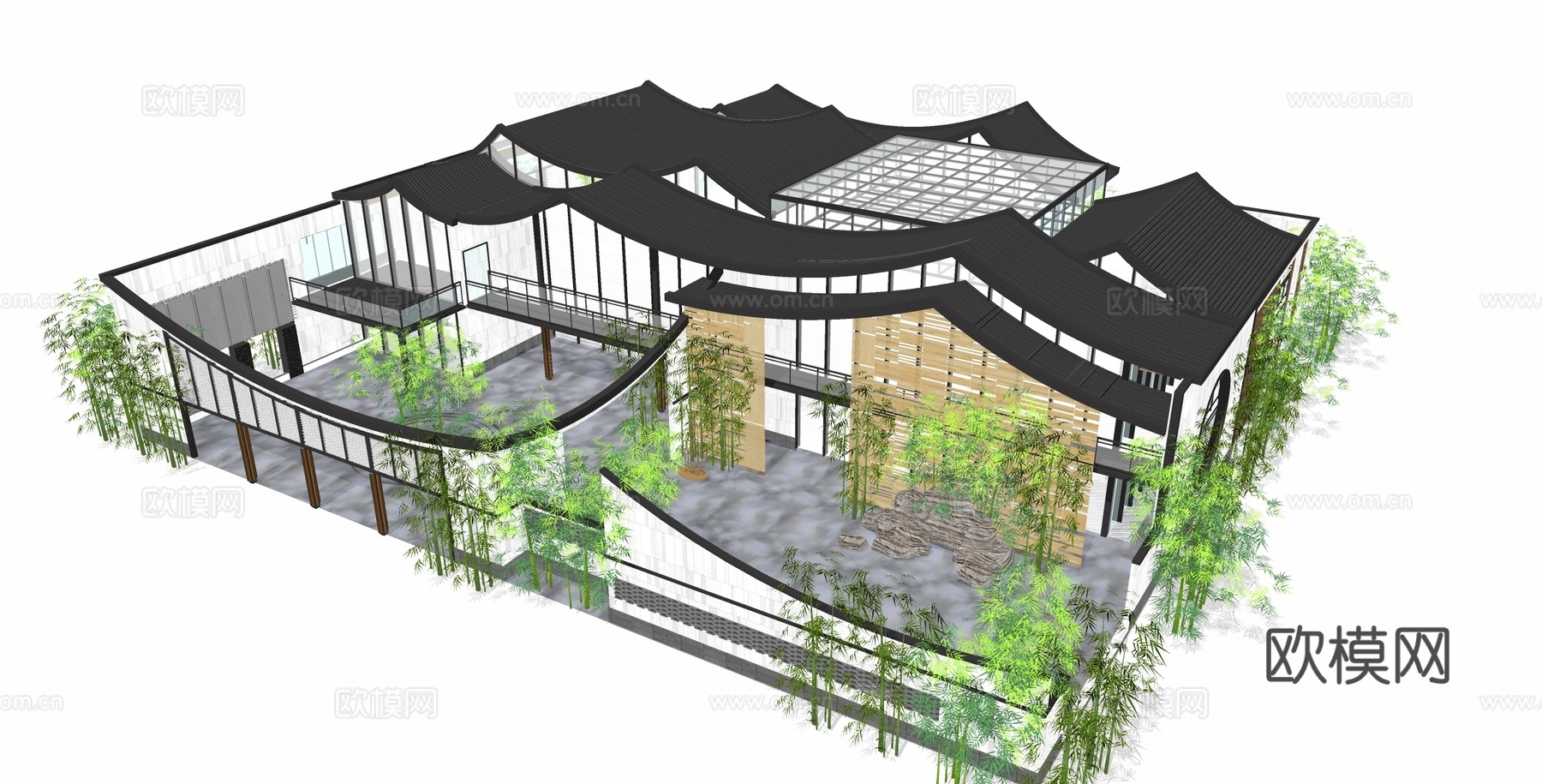 新中式山地度假酒店  酒店建筑  酒店民宿su模型