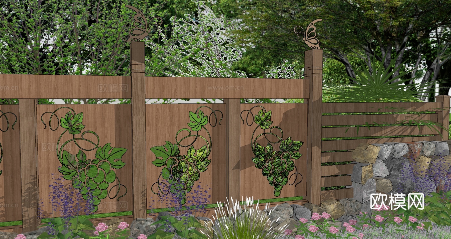 现代生态户外蔬果田园木质葡萄栏杆柑橘围栏护栏彩色水果创意栅栏su模型