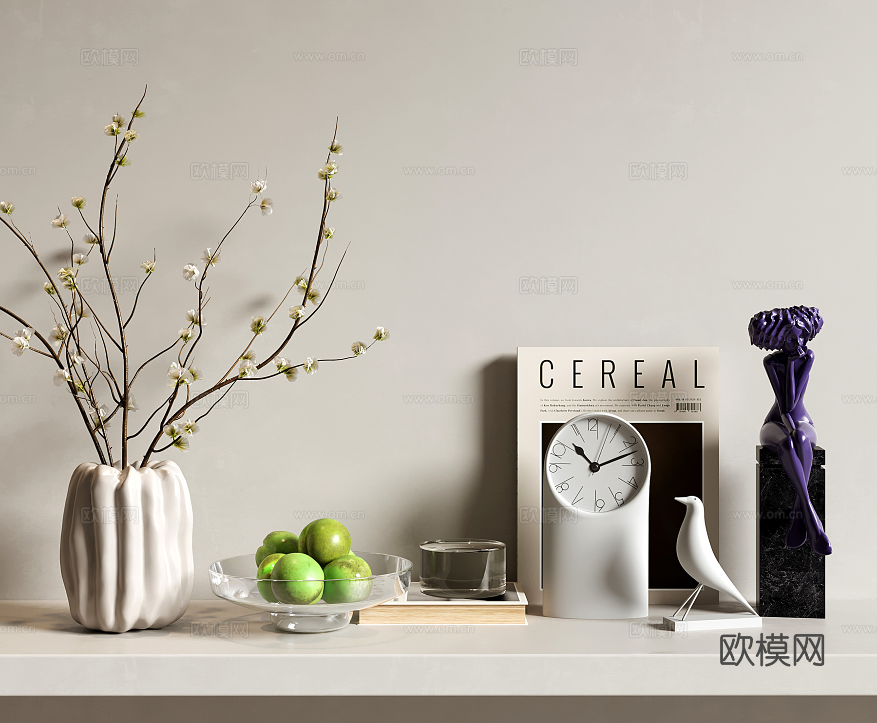 现代奶油风饰品摆件 钟表 花艺 水果盘 人形雕塑su模型