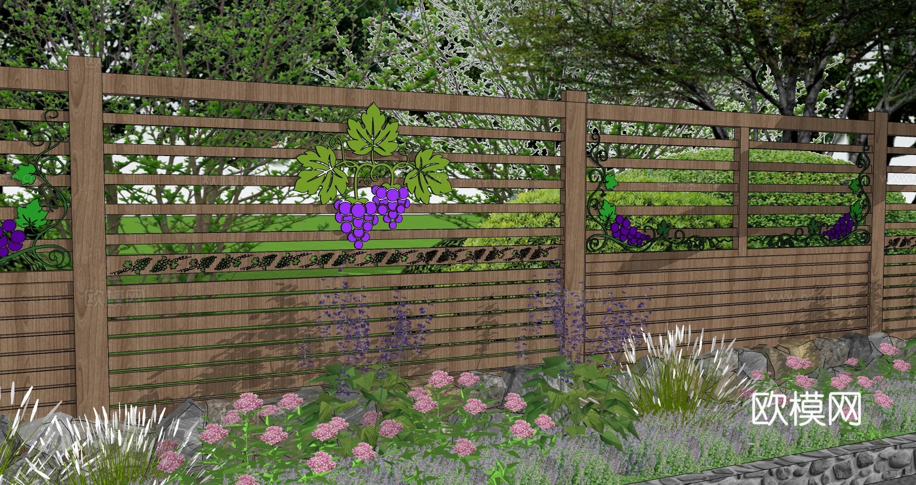 现代生态户外蔬果田园木质葡萄栏杆柑橘围栏护栏彩色水果创意栅栏su模型