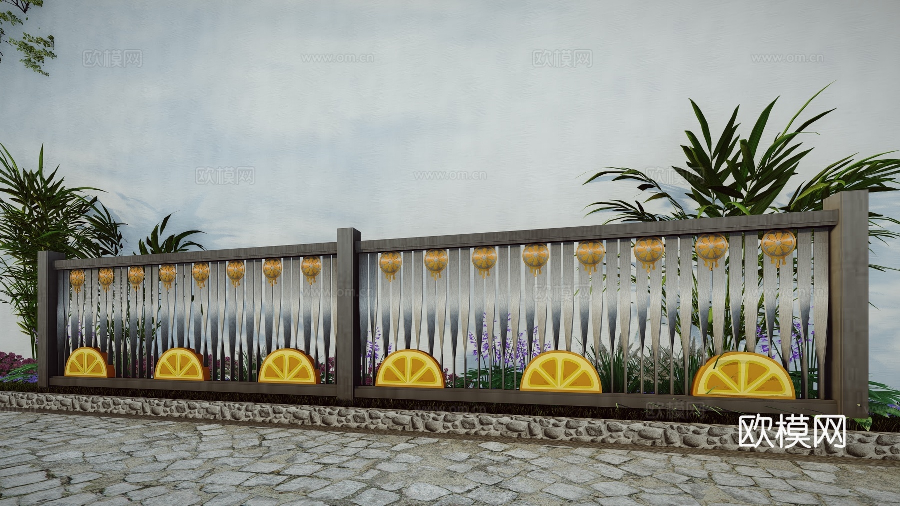 现代生态户外蔬果田园木质葡萄栏杆柑橘围栏护栏彩色水果创意栅栏su模型