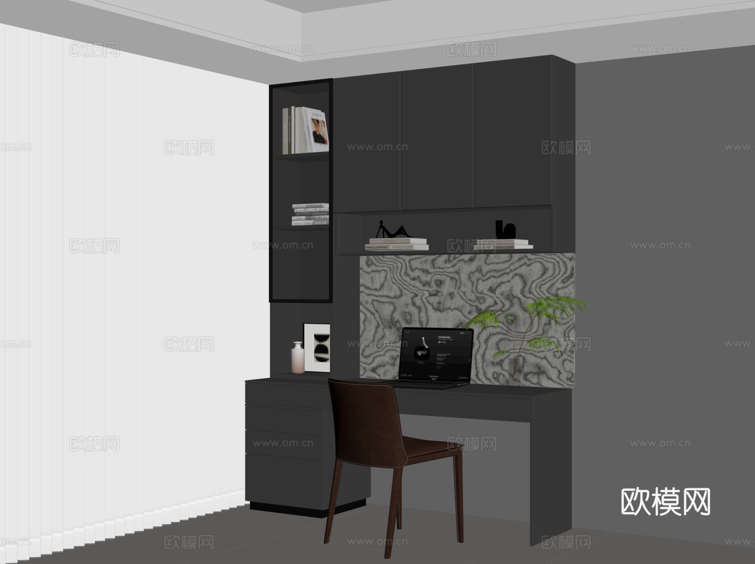 现代意式书桌椅 书柜su模型