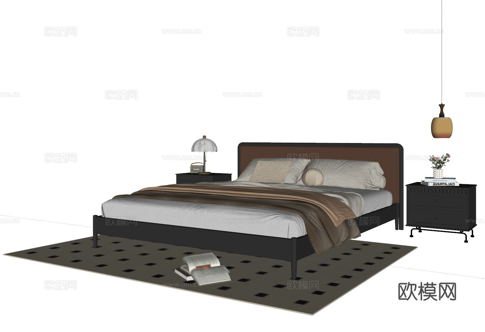 法式双人床 实木双人床 床头柜 吊灯 地毯su模型