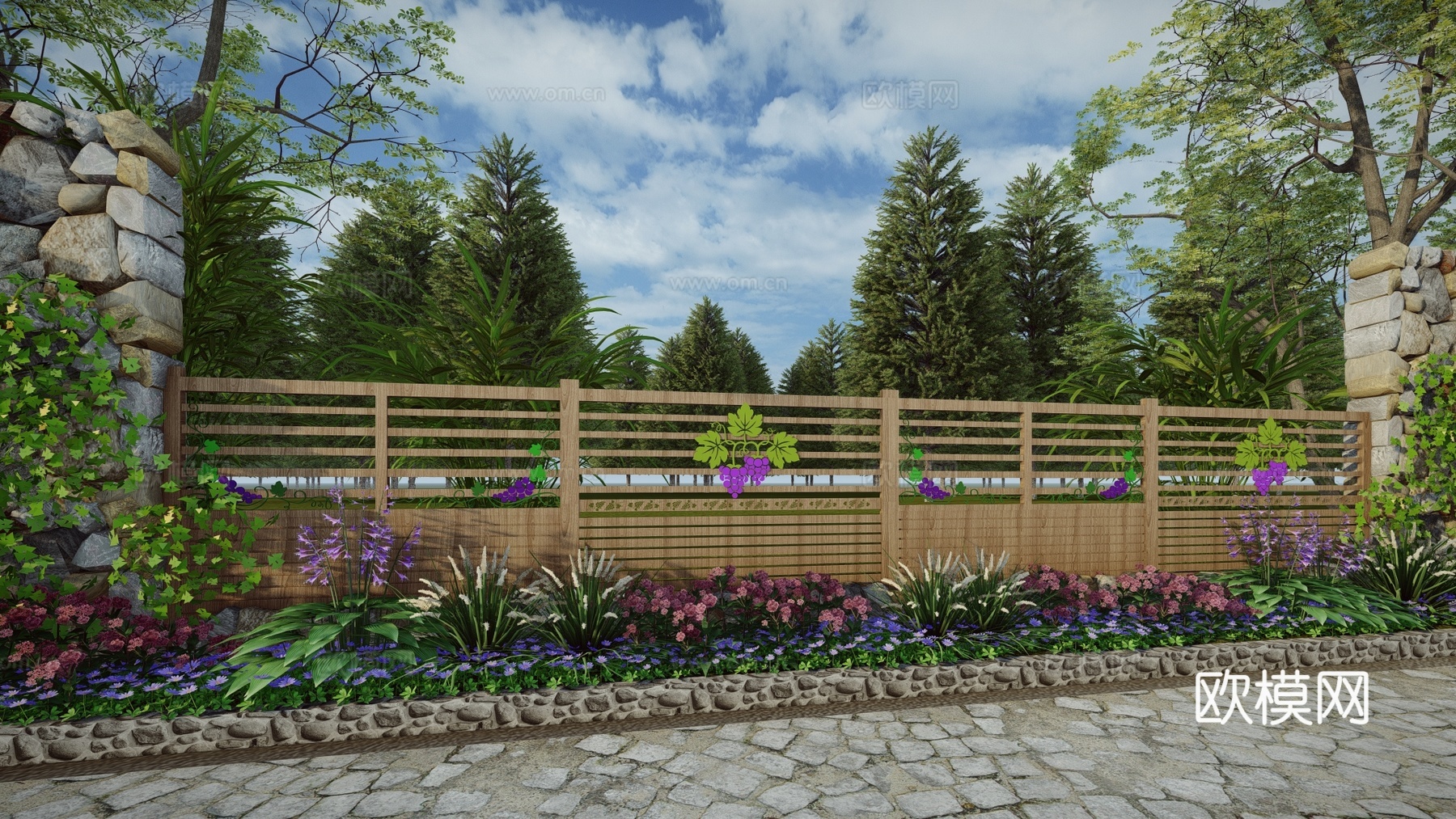现代生态户外蔬果田园木质葡萄栏杆柑橘围栏护栏彩色水果创意栅栏su模型