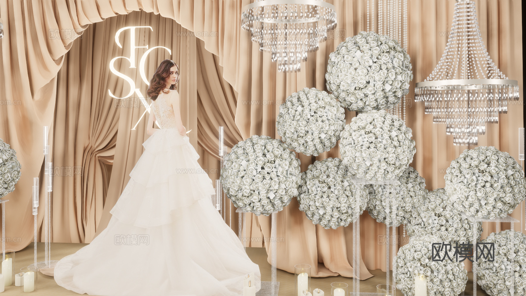 小众香槟色布幔造型婚礼美陈花艺su模型