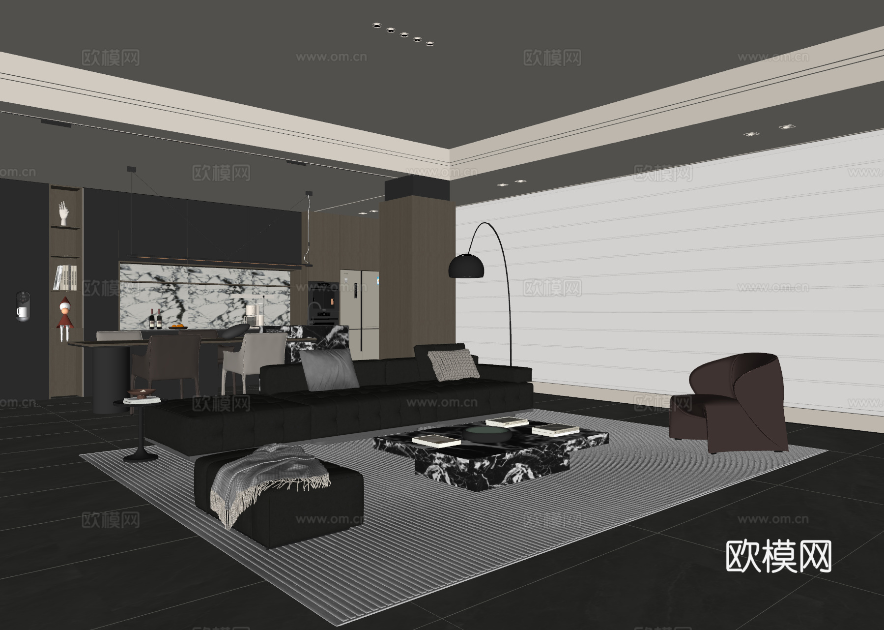 现代意式客餐厅 沙发茶几 餐桌椅 吊灯 餐边柜 酒柜su模型