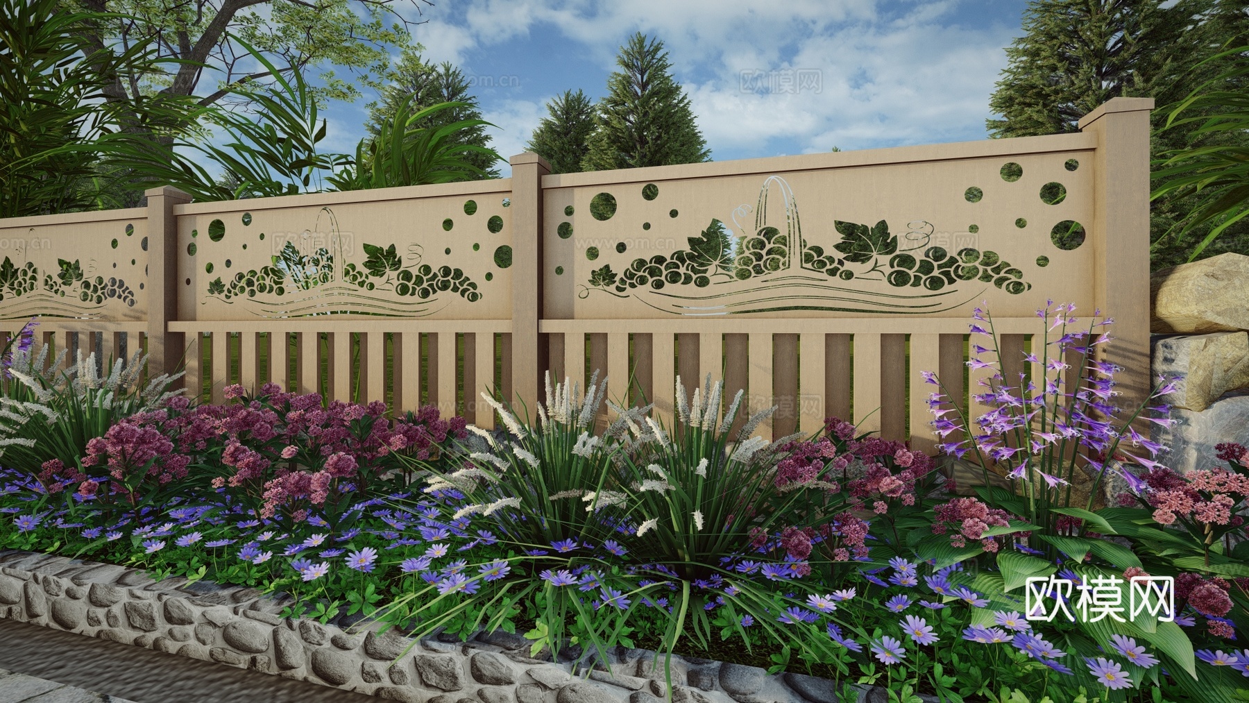 现代生态户外蔬果田园木质葡萄栏杆柑橘围栏护栏彩色水果创意栅栏su模型