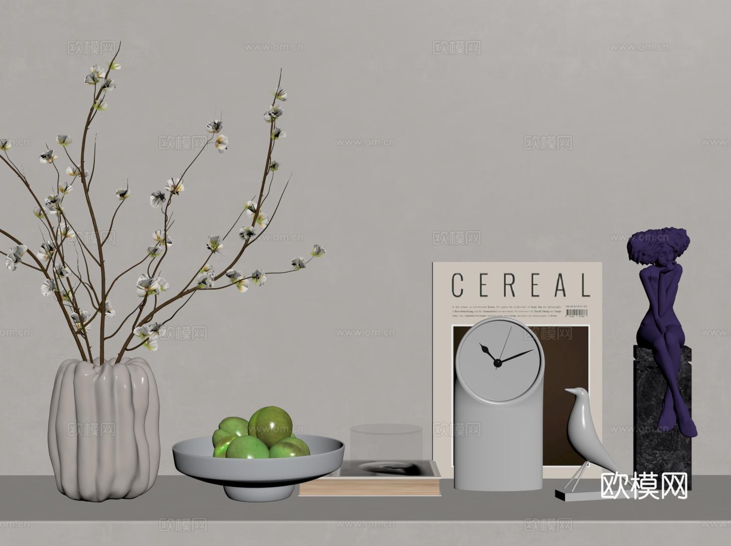 现代奶油风饰品摆件 钟表 花艺 水果盘 人形雕塑su模型