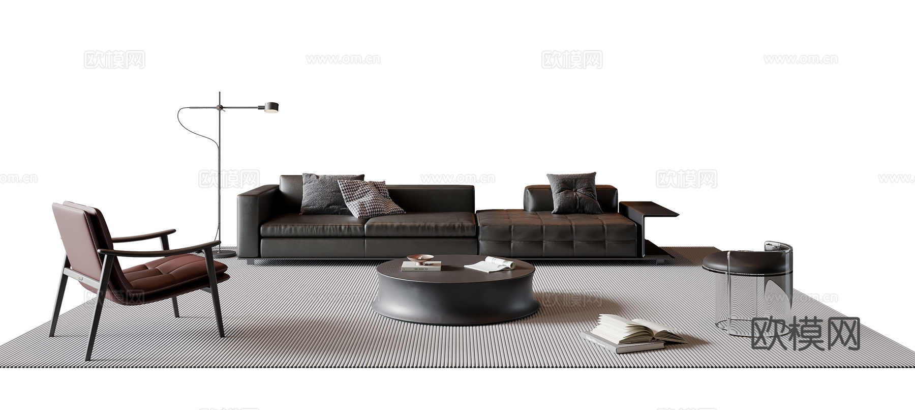 现代意式沙发茶几组合 皮质沙发 多人沙发 休闲椅 落地灯su模型
