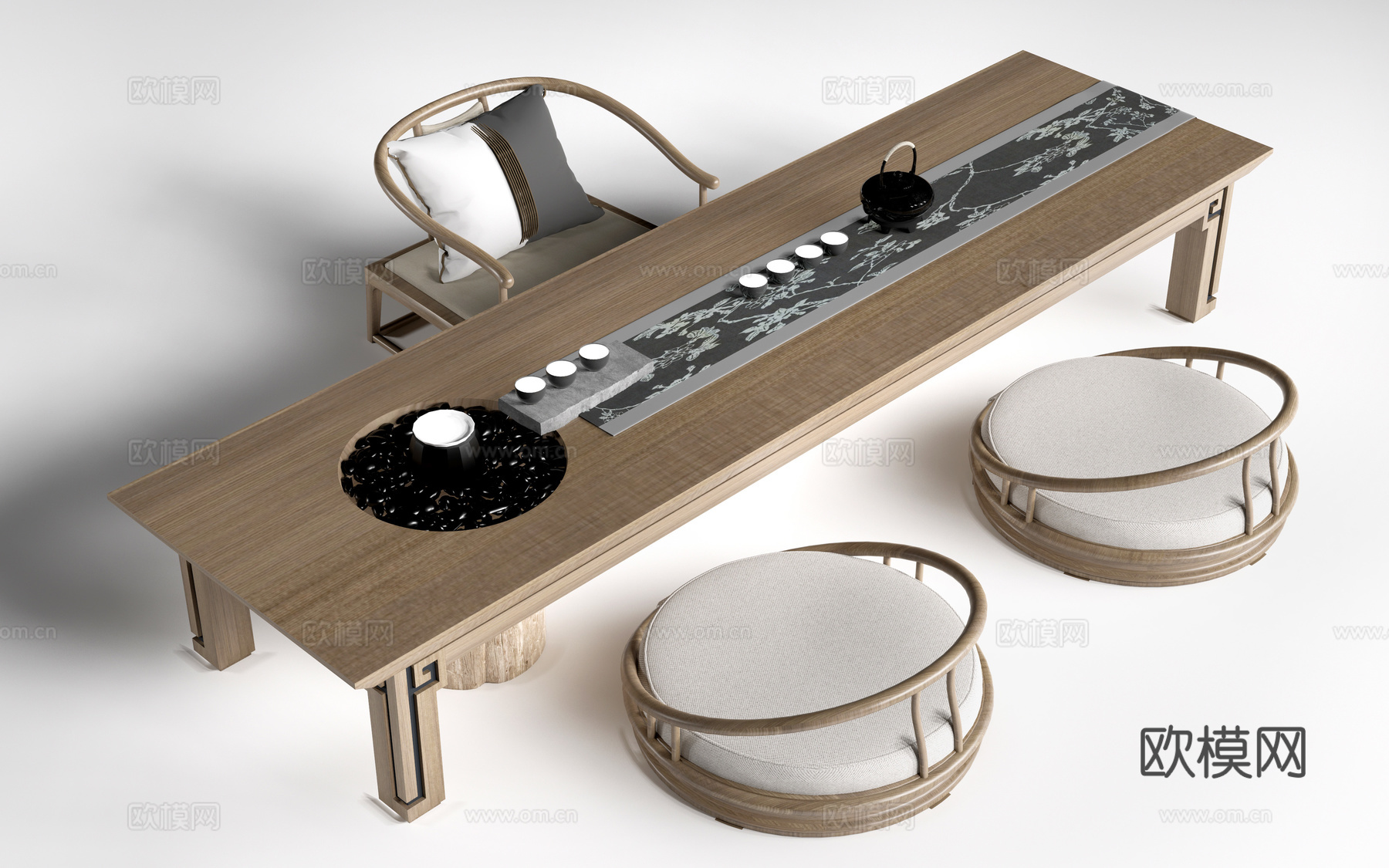 日式榻榻米茶桌 榻榻米座椅 茶室桌椅 榻榻米茶台su模型