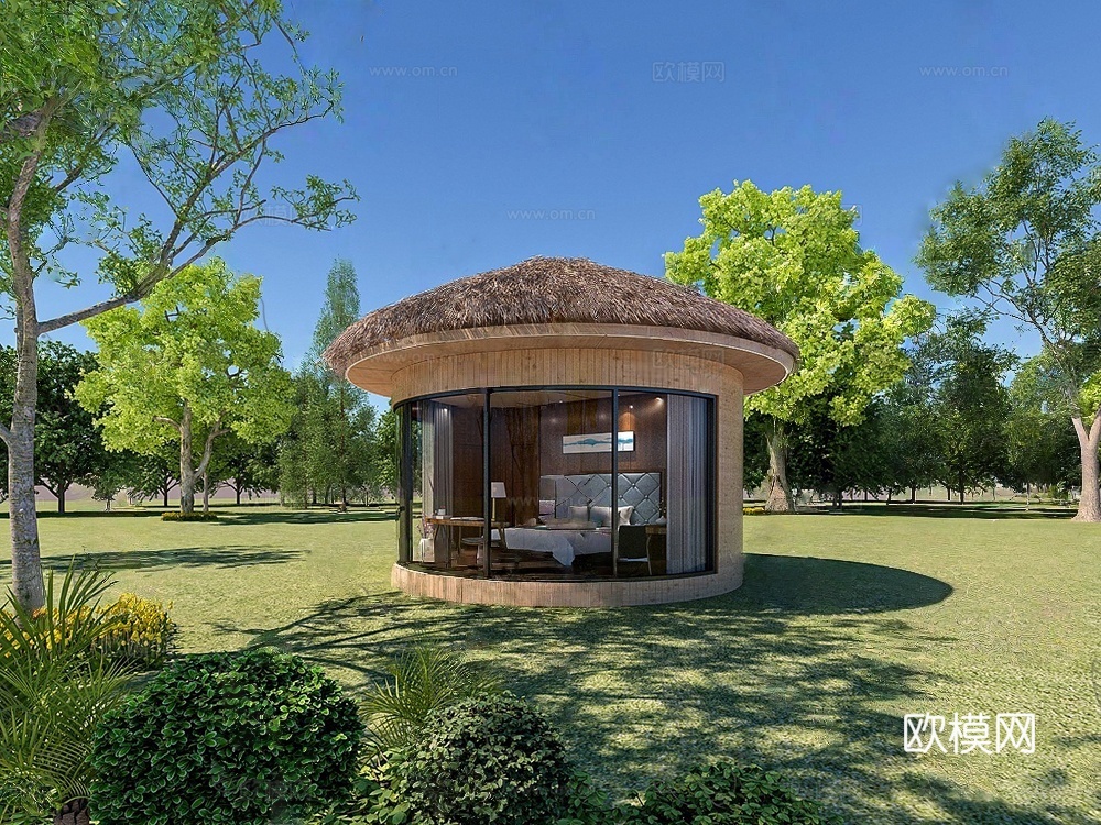 新中式民宿建筑 阳光房 茅草屋 木制 异形su模型