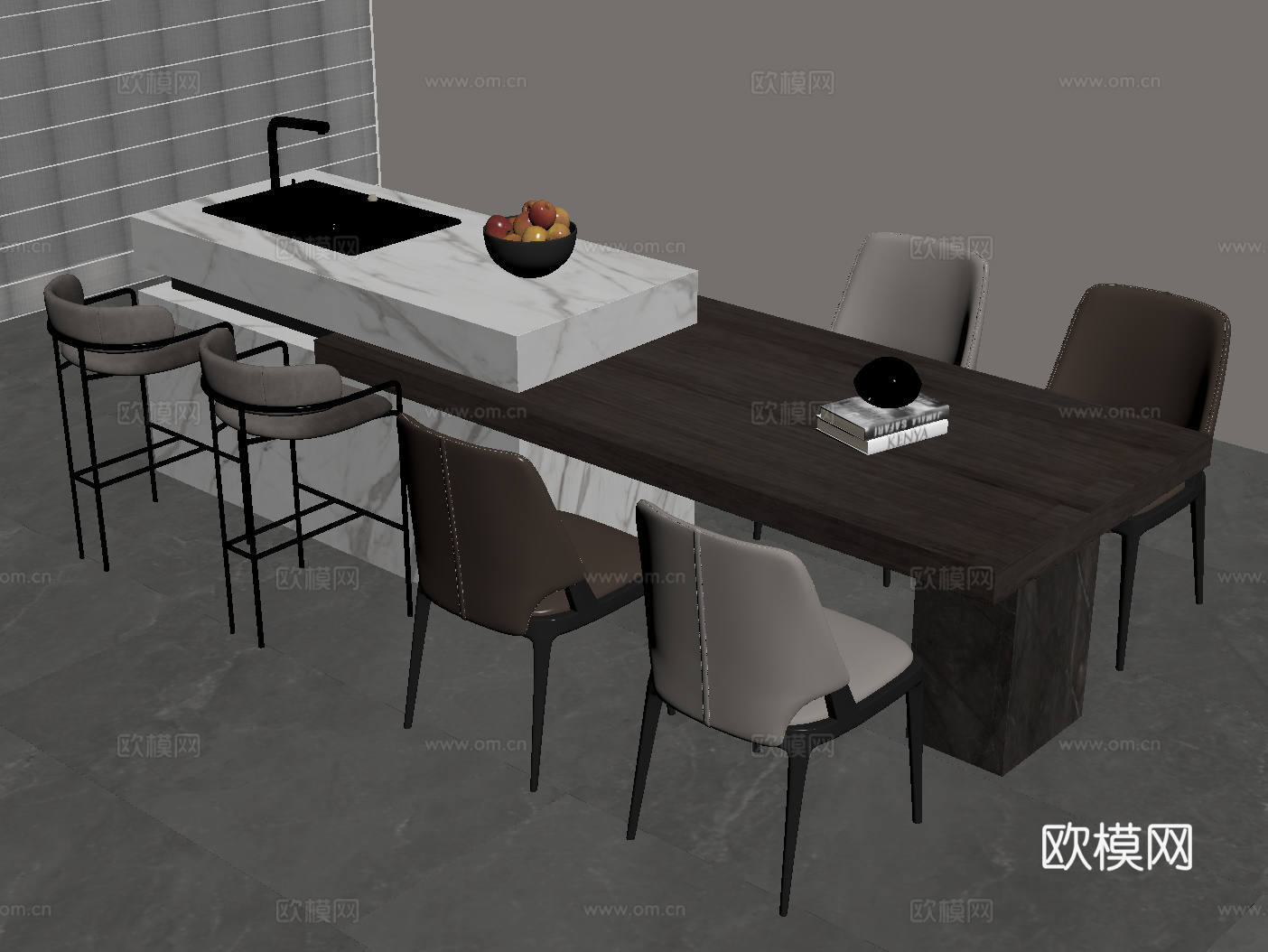 现代意式岛台 餐桌椅su模型
