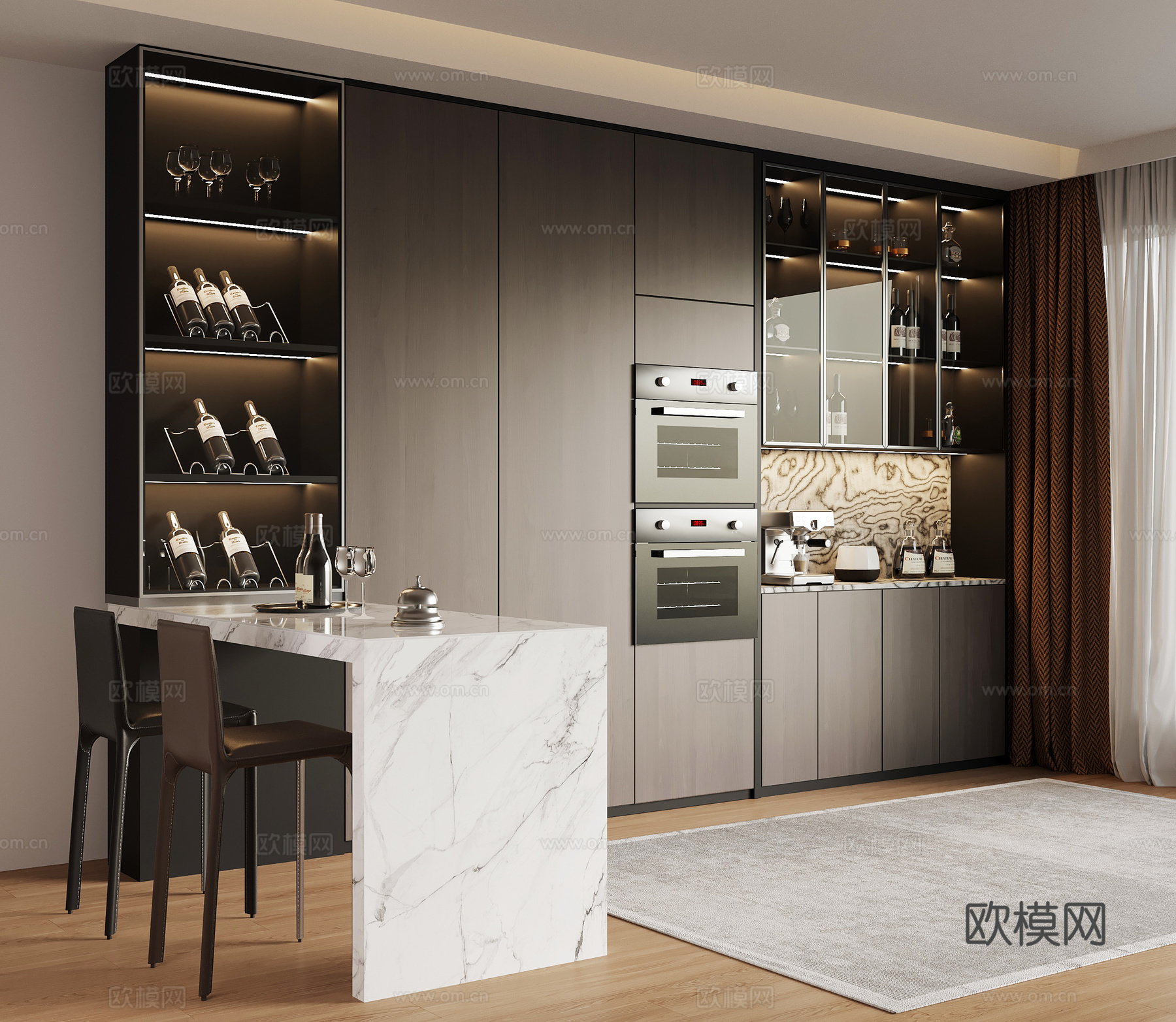 现代意式酒柜 餐桌 吧台su模型