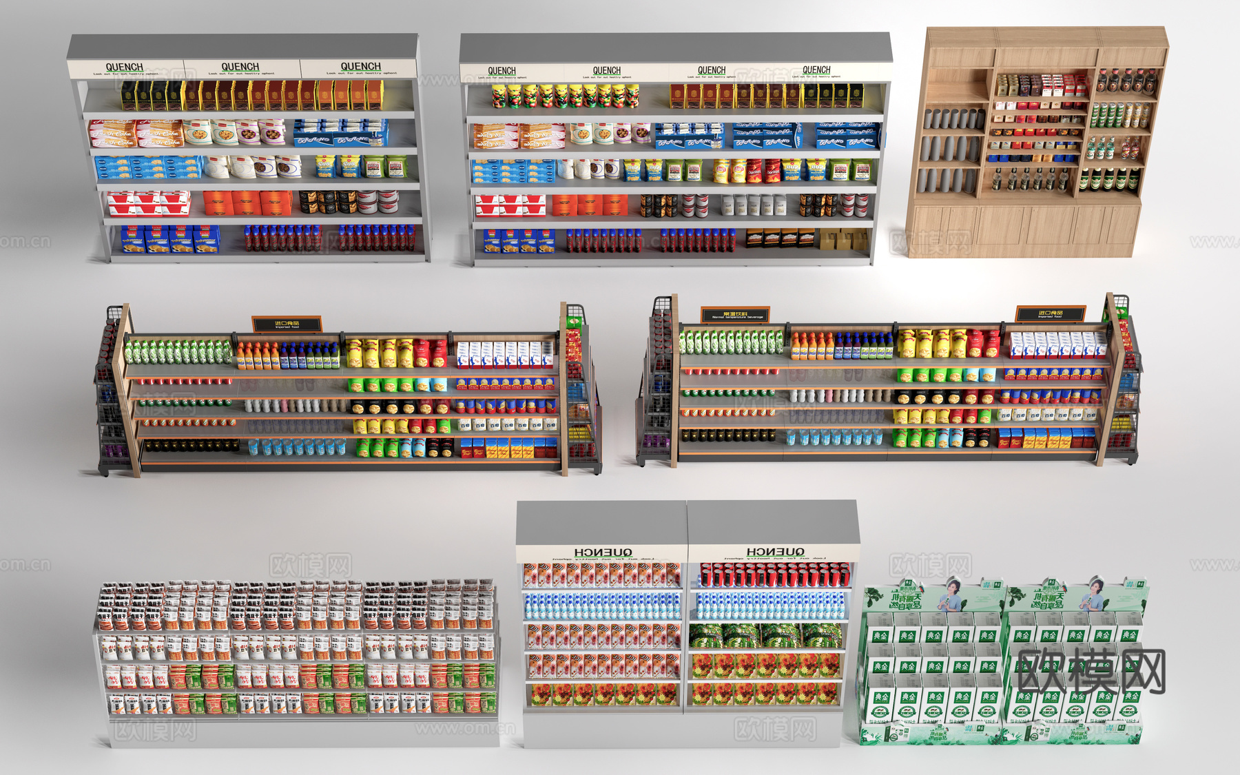 现代超市货架 零食店货架 置物架 文创展架su模型