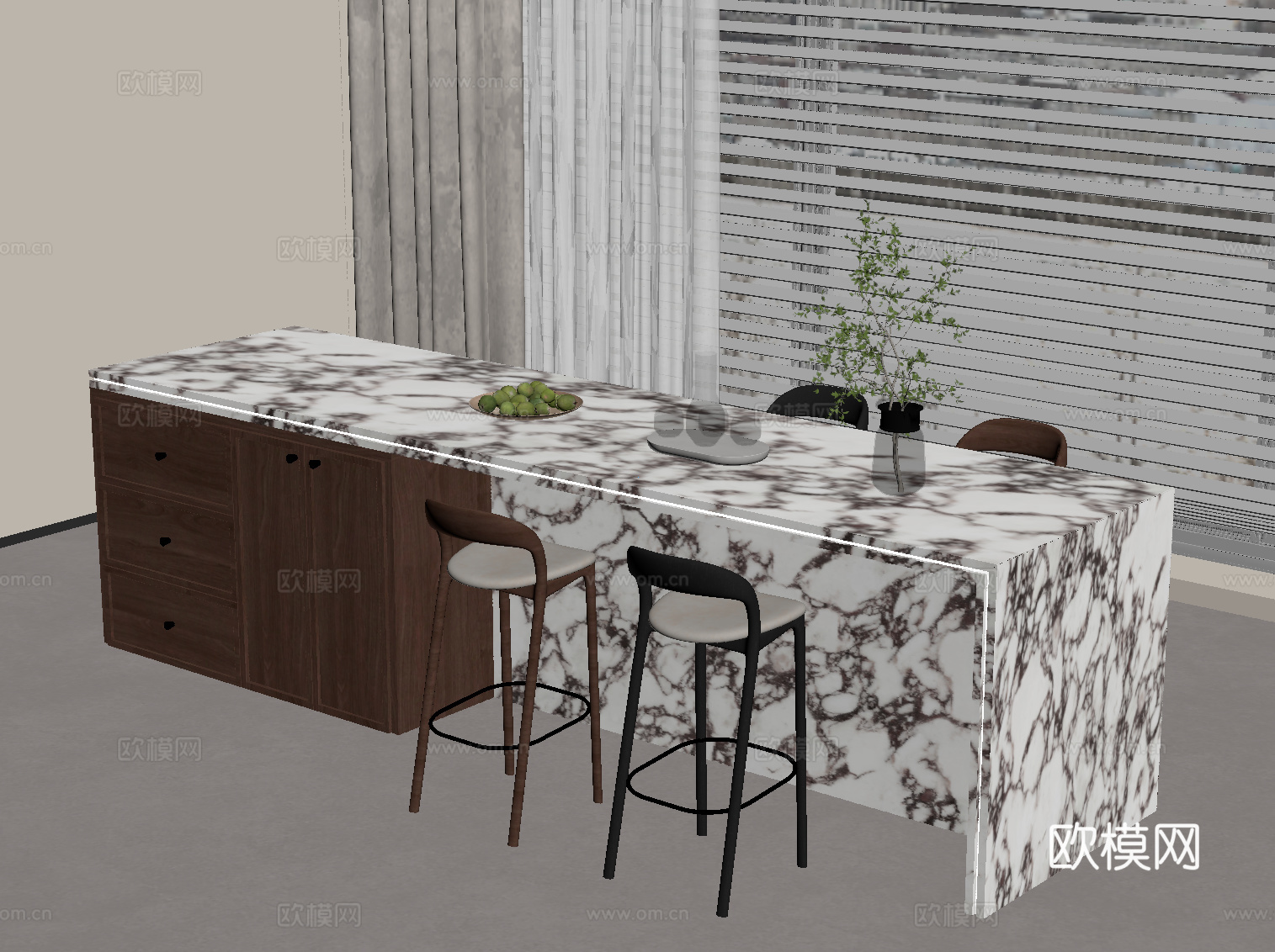 中古风岛台 餐桌椅su模型